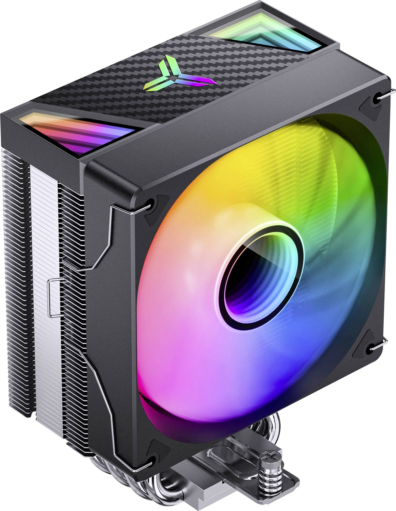 Černý chladič počítače RGB s duhou osvětlenými lopatkami a kovovým chladičem, zobrazený na bílém pozadí.