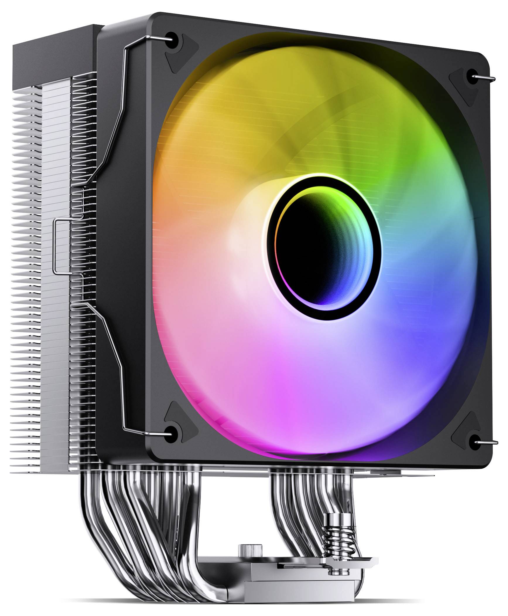 Chladič CPU s čtvercovým RGB LED ventilátorem a kovovým chladičem s heatpipes.