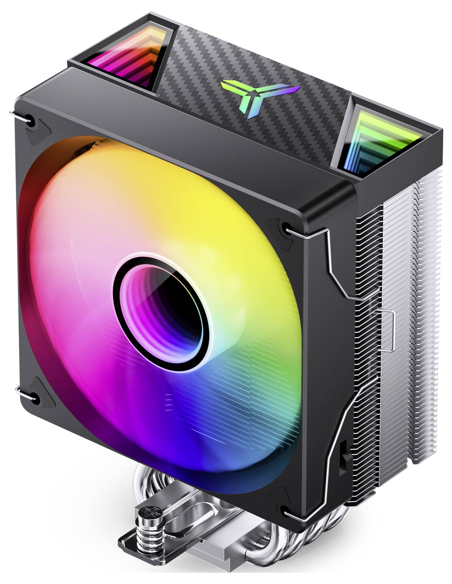 Černý chladič CPU s věží RGB s velkým duhově osvětleným ventilátorem a stříbrnými žebry chladiče, zobrazený na bílém pozadí.
