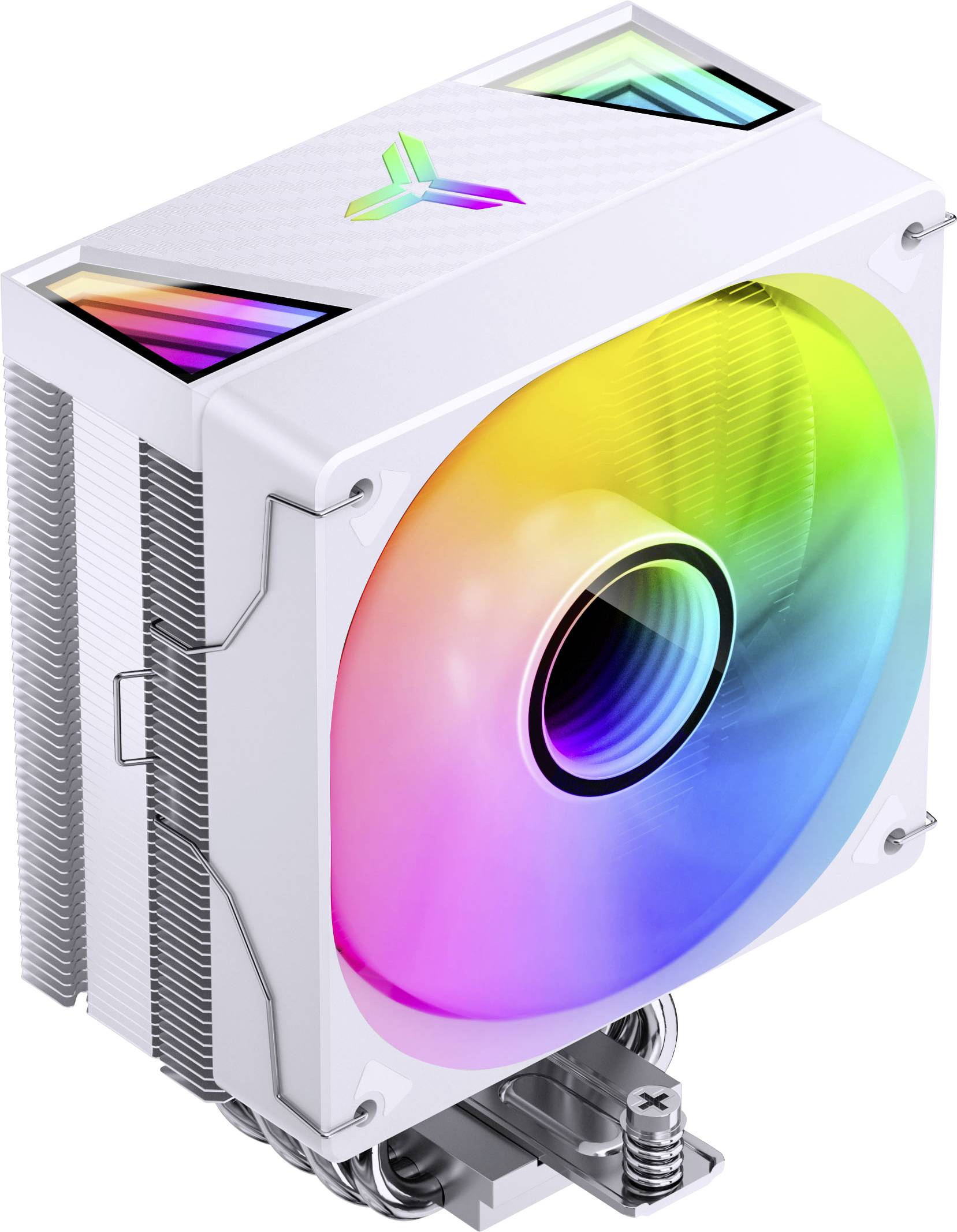 Bílý počítačový chladicí ventilátor s duhovým RGB listem a LED osvětlenými horními panely, zobrazený jako 3D render produktu.