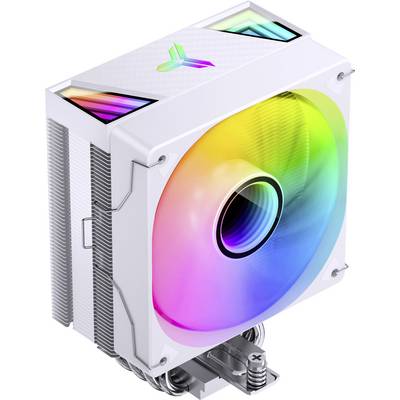 Bílý počítačový chladicí ventilátor s duhovým RGB listem a LED osvětlenými horními panely, zobrazený jako 3D render produktu.
