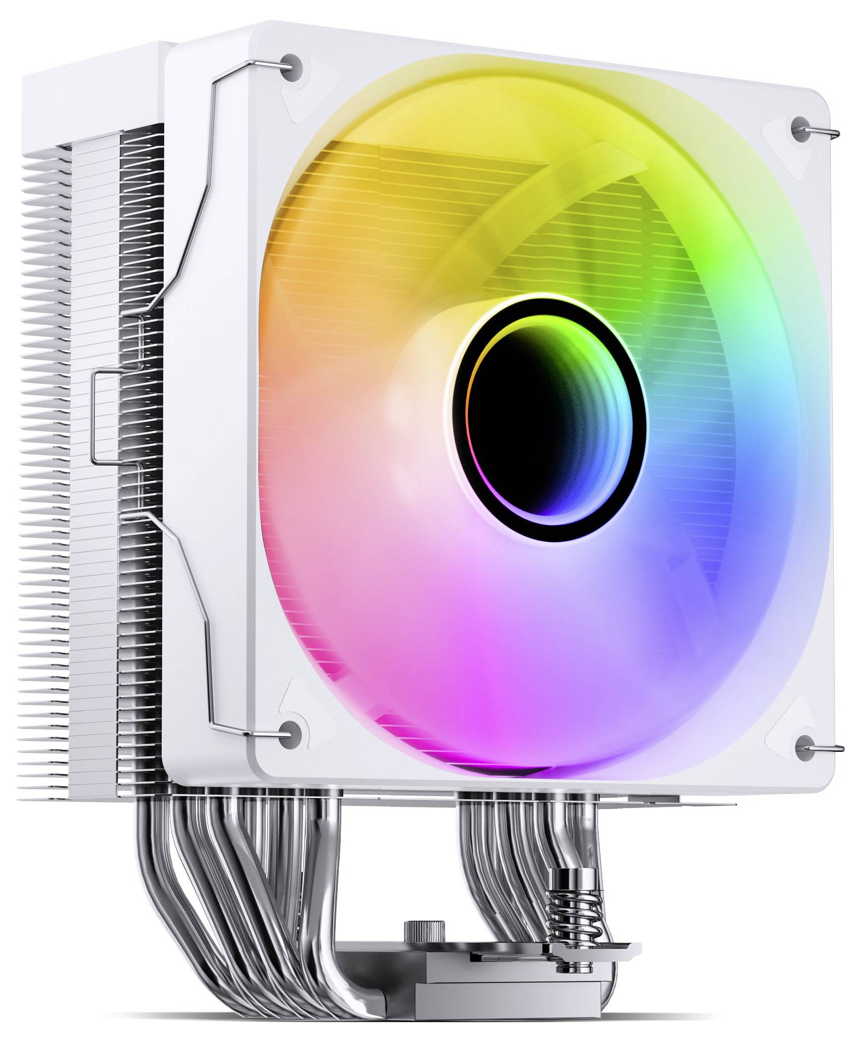 Detailní snímek chladiče CPU počítače s duhovými LED RGB ventilátorem a připojeným chladičem, zobrazující chladicí potrubí a montážní hardware.