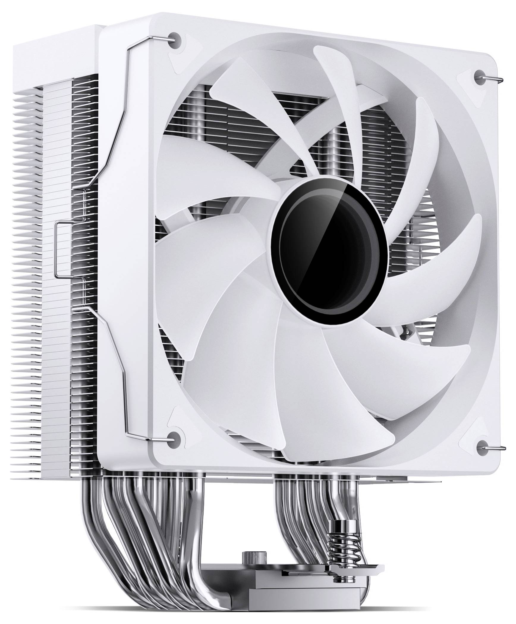 Bílý počítačový chladicí ventilátor připevněný na kovový chladič s více tepelnými trubicemi, znázorněný v detailním záběru na neutrálním pozadí.