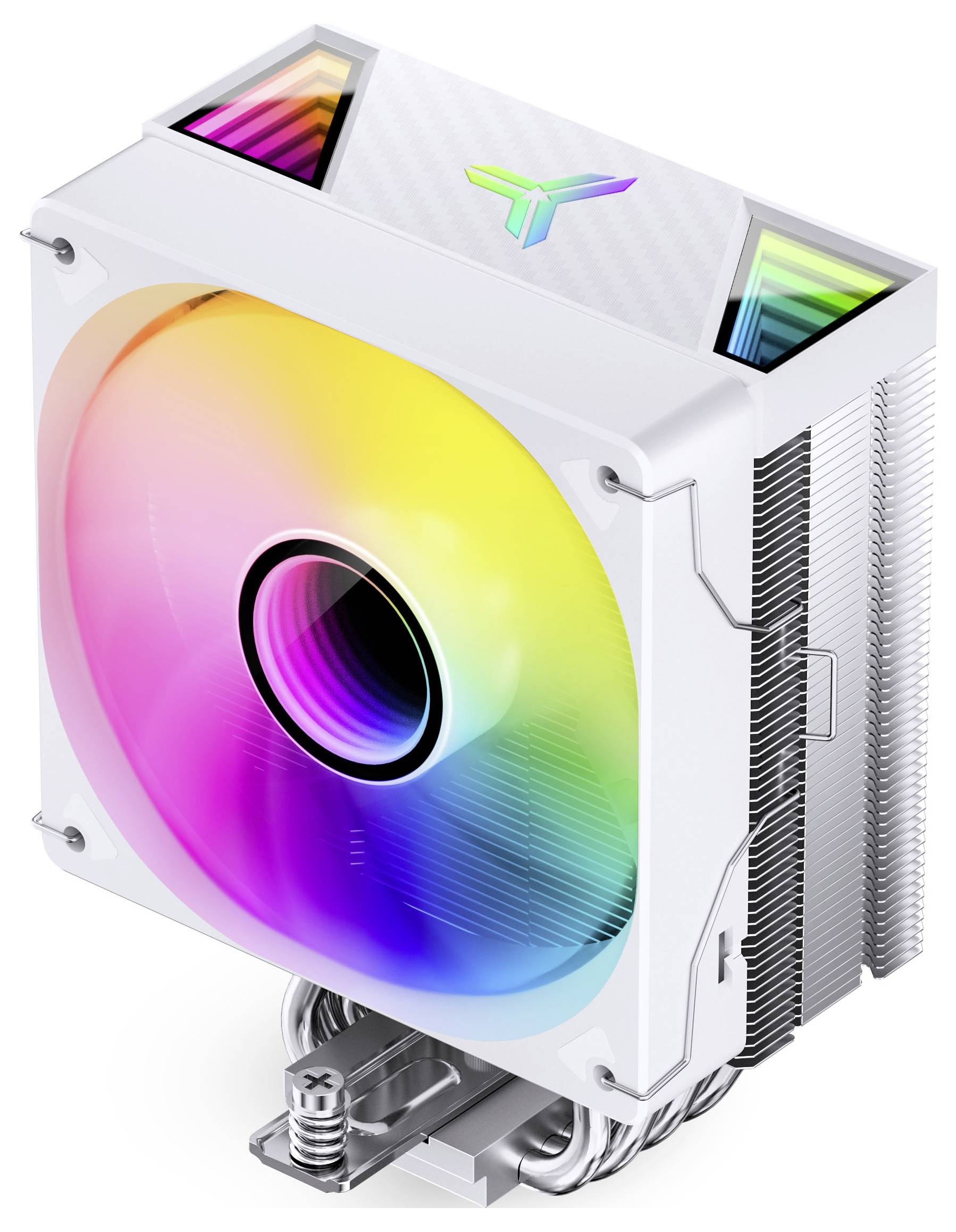 Bílý chladič procesoru RGB s vzduchovou cirkulací, duhově osvětleným ventilátorem a chladičem, prezentovaný v profesionálním produktovém renderu na bílém pozadí.