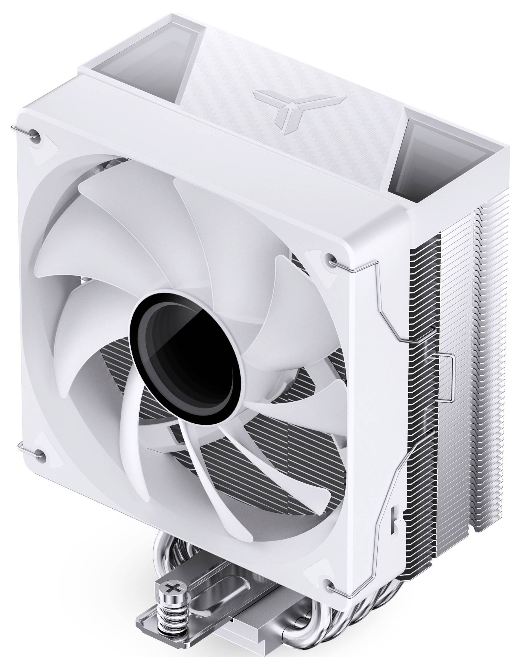 Bílý chladič procesoru s velkým předním ventilátorem a žebrovaným chladičem, zobrazený v izolovaném pohledu ve stylu produktu.