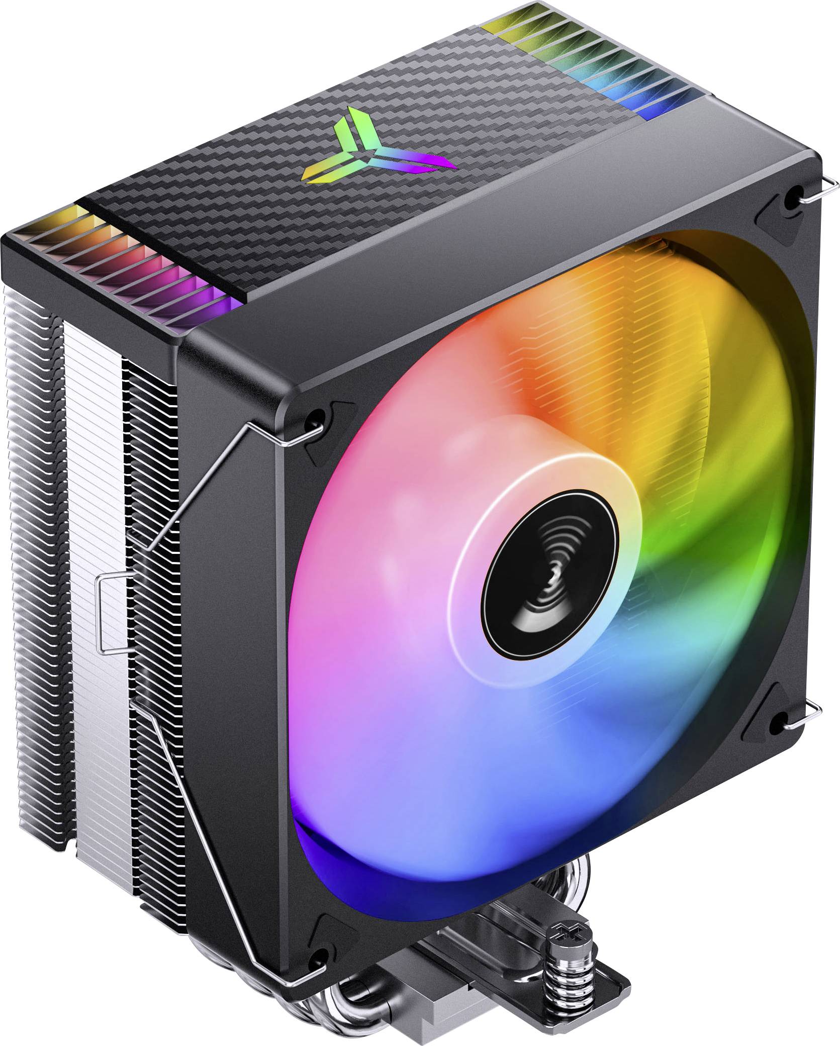 RGB chladič CPU se vzduchem s velkým duhovým osvětleným ventilátorem a duálními kovovými chladiči, zobrazený v pohledu stylu produktu.