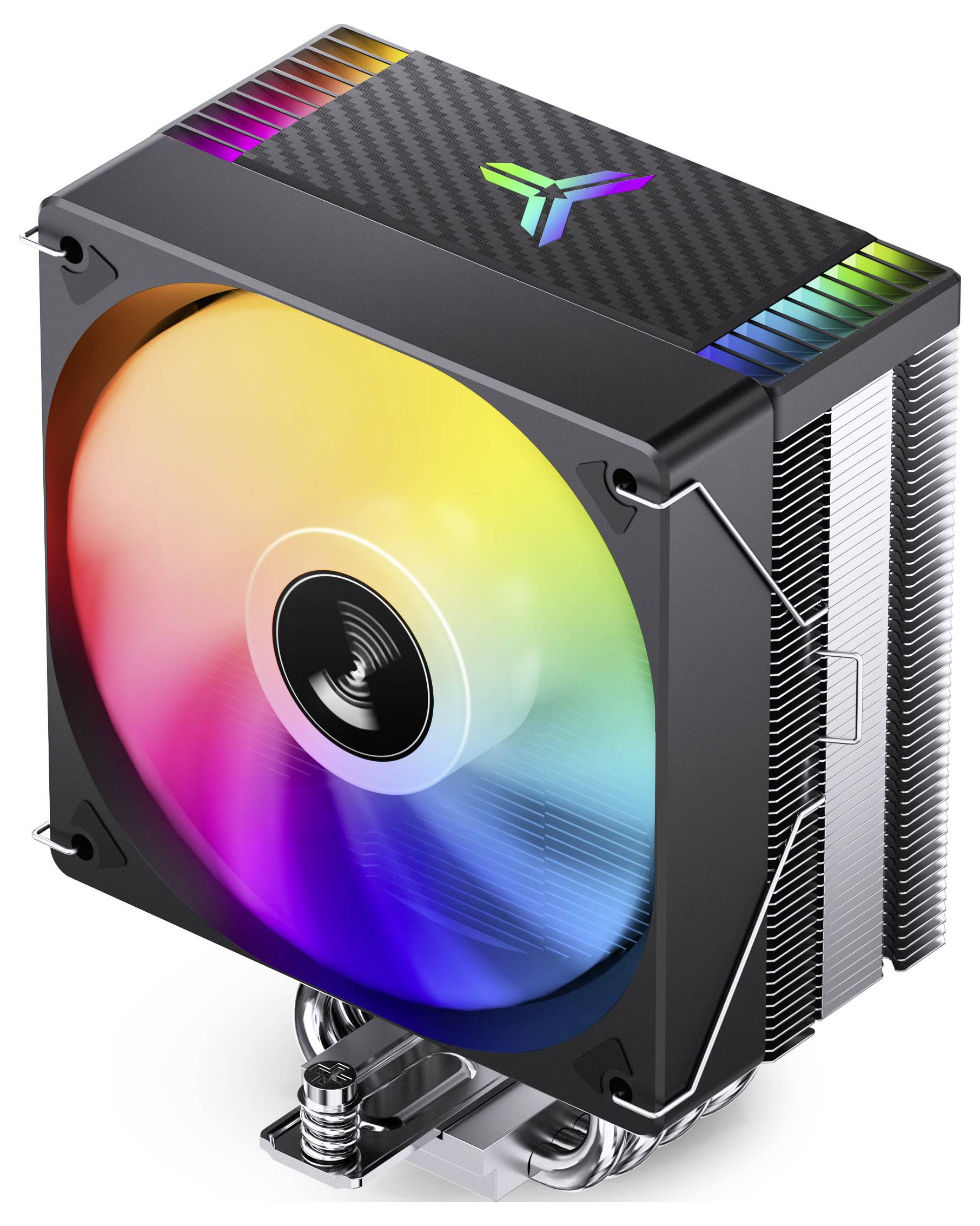 Černý chladič procesoru RGB s velkým duhovými osvětlenými ventilátorem a stříbrnými žebry chladiče nahoře, zobrazený v pohledu ve stylu produktu.