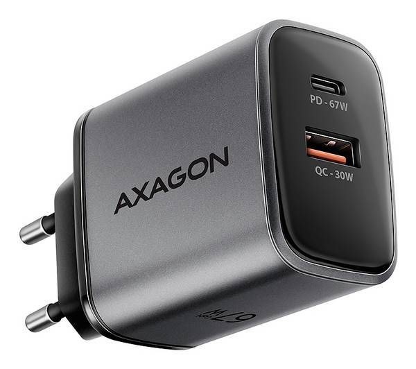 AXAGON  USB nabíječka, GaN, USB-C® zásuvka (nabíjení), USB-A zásuvka, 67 W, Quick Charge 3.0, černá, šedá