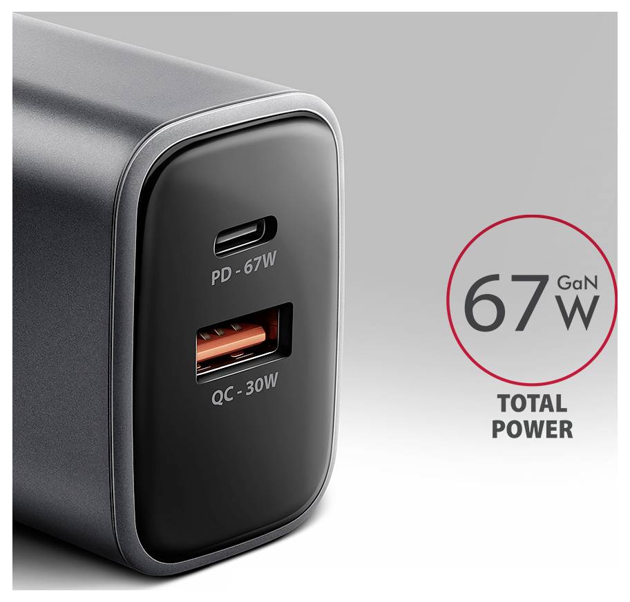 Obrázek 67W nabíječky GaN na zeď se dvěma porty USB označenými PD-67W a QC-30W a textem "67W CELKOVÝ VÝKON" vedle ní.