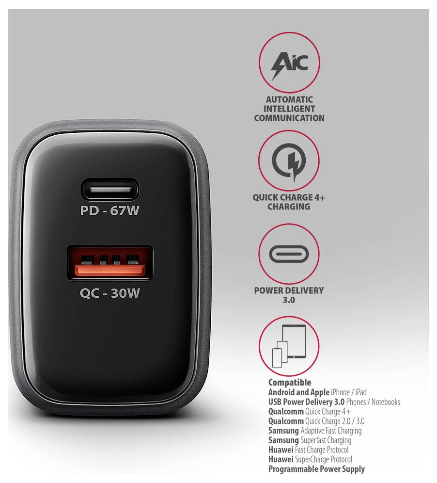 Černá duální nástěnná nabíječka označená PD-67W a QC-30W s ikonami pro AIC, Quick Charge 4+, Power Delivery 3.0 a kompatibilitu zařízení.