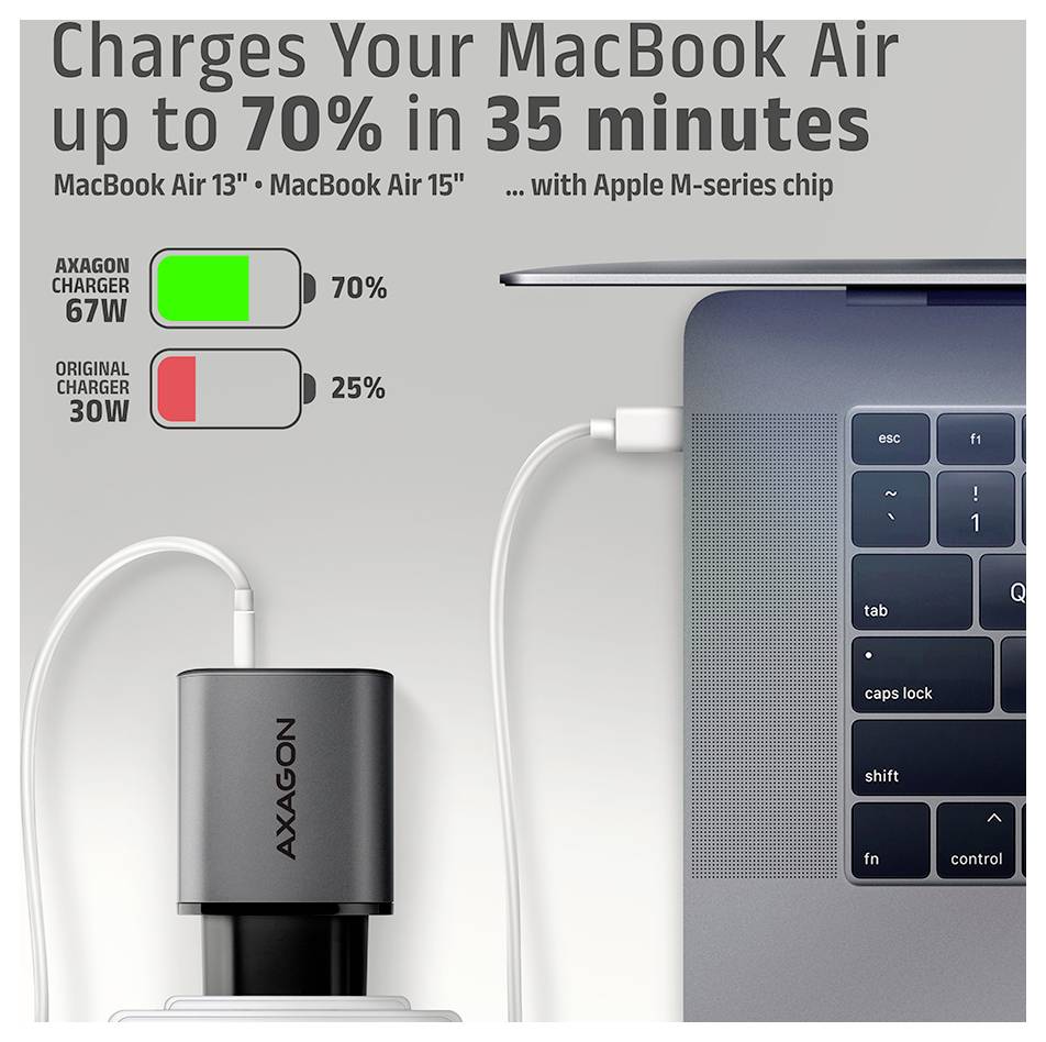 AXAGON USB nabíječka, GaN, USB-C® zásuvka (nabíjení), USB-A zásuvka, 67 W, Quick Charge 3.0, černá, šedá-5