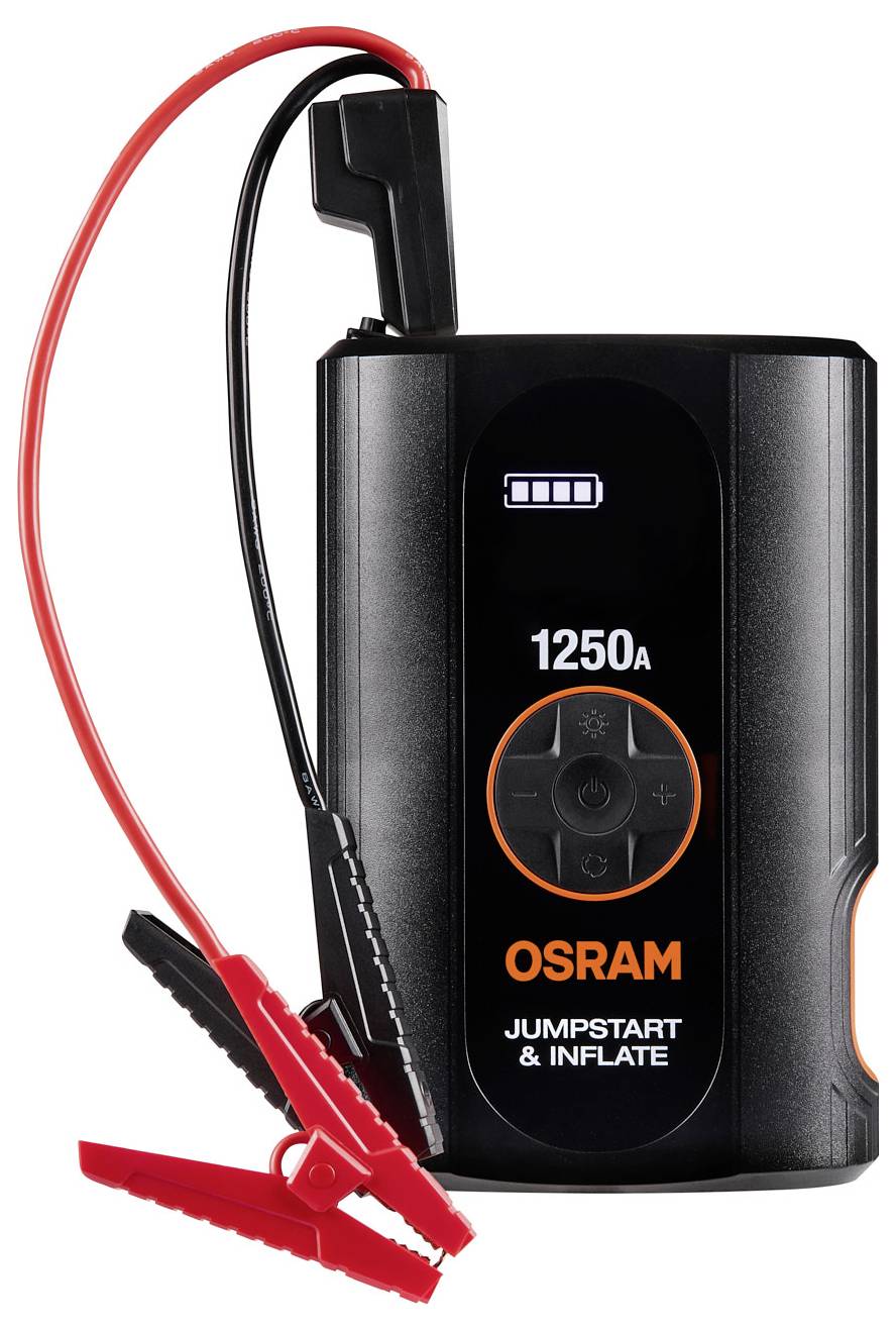 OSRAM Jumpstart & Inflate přenosný pomocný startér s indikátorem baterie a připojenými červenými/černými kabely se svorkami.