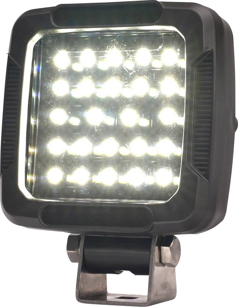 Čtvercové LED pracovní světlo s jasnou mřížkou žárovek na montážní konzole, zobrazeno na bílém pozadí.