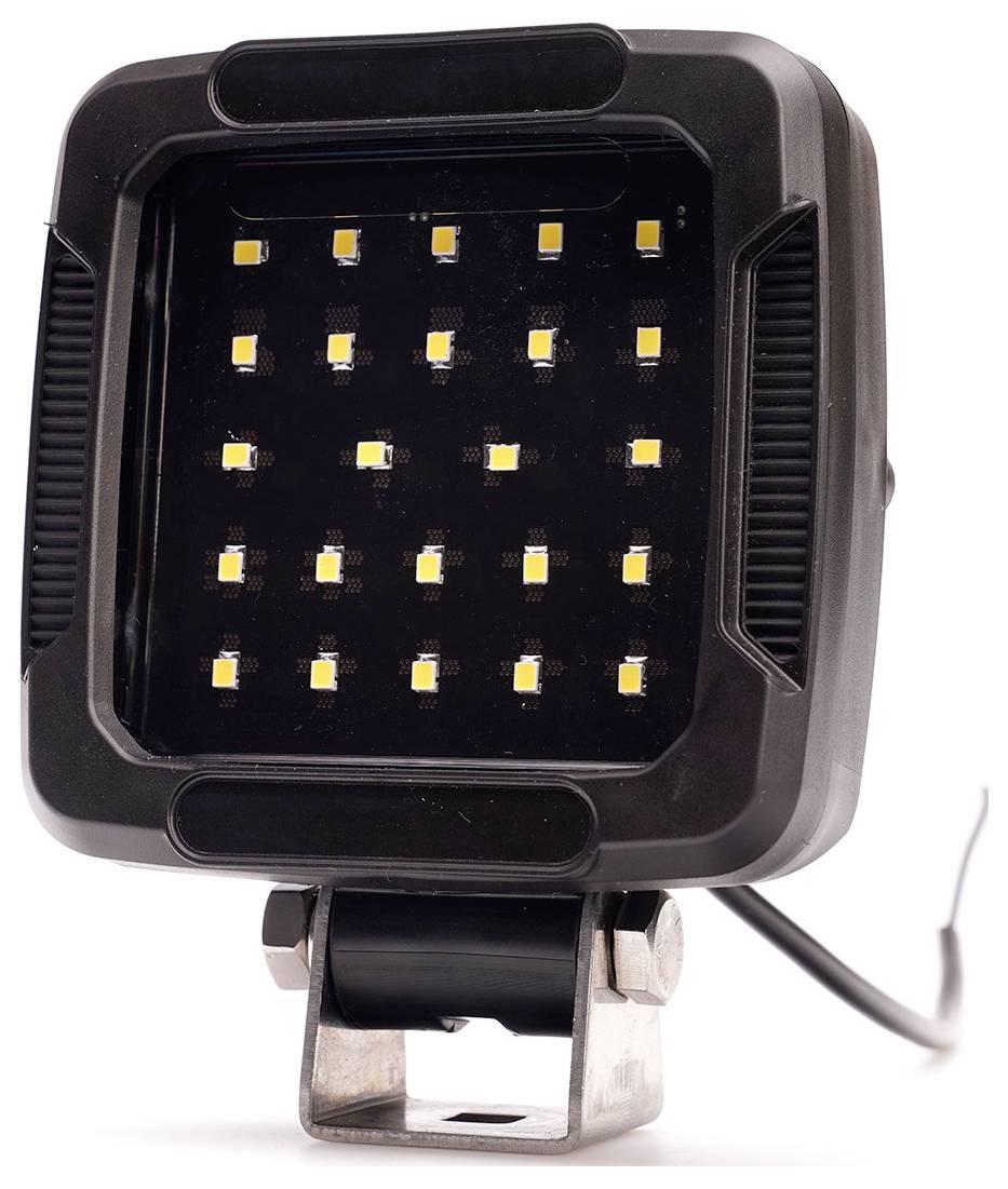 Černý čtvercový LED pracovní reflektor na montážní konzole, zobrazen v pohledu zepředu s připojeným silовým kabelem.