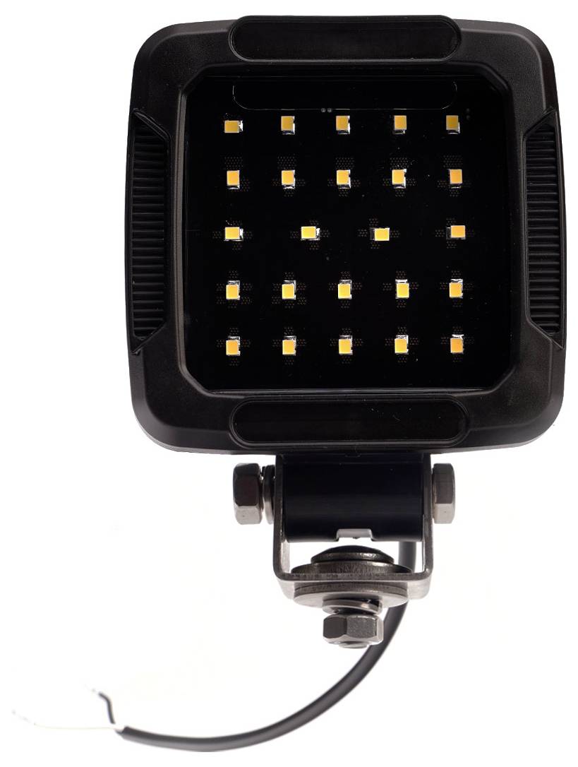 Černý čtvercový LED reflektor s montážní konzolou a připojeným napájecím kabelem, zobrazen zepředu na bílém pozadí.