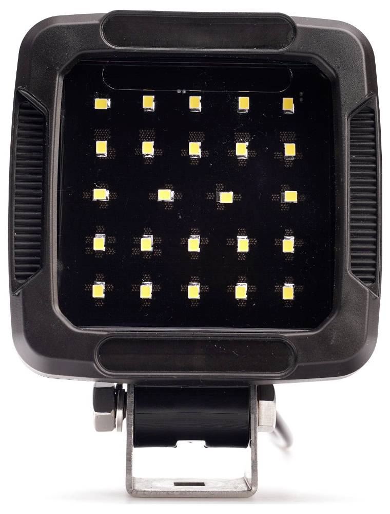 Černé čtvercové LED pracovní světlo s 20 malými žlutými LED diodami a montážní konzolou na bílém pozadí.