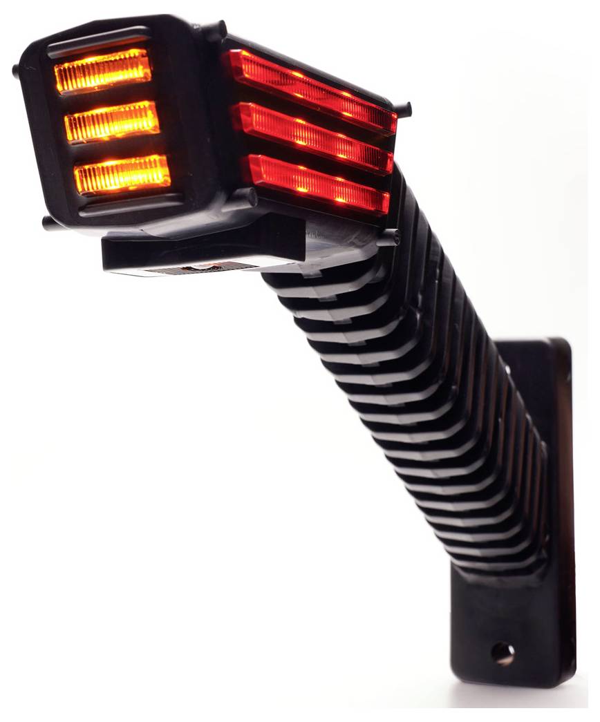 Detailní pohled na černou nastavitelnou LED pracovní lampu s oranžově a červeně zbarvenými osvětlenými panely na bílém pozadí.