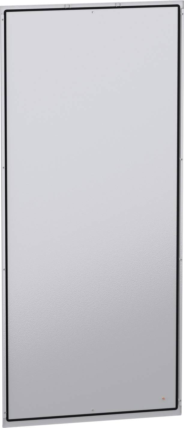 Prostý stříbrný obdélníkový panel přístroje nebo dveře s černým okrajem, zobrazené svisle na bílém pozadí.