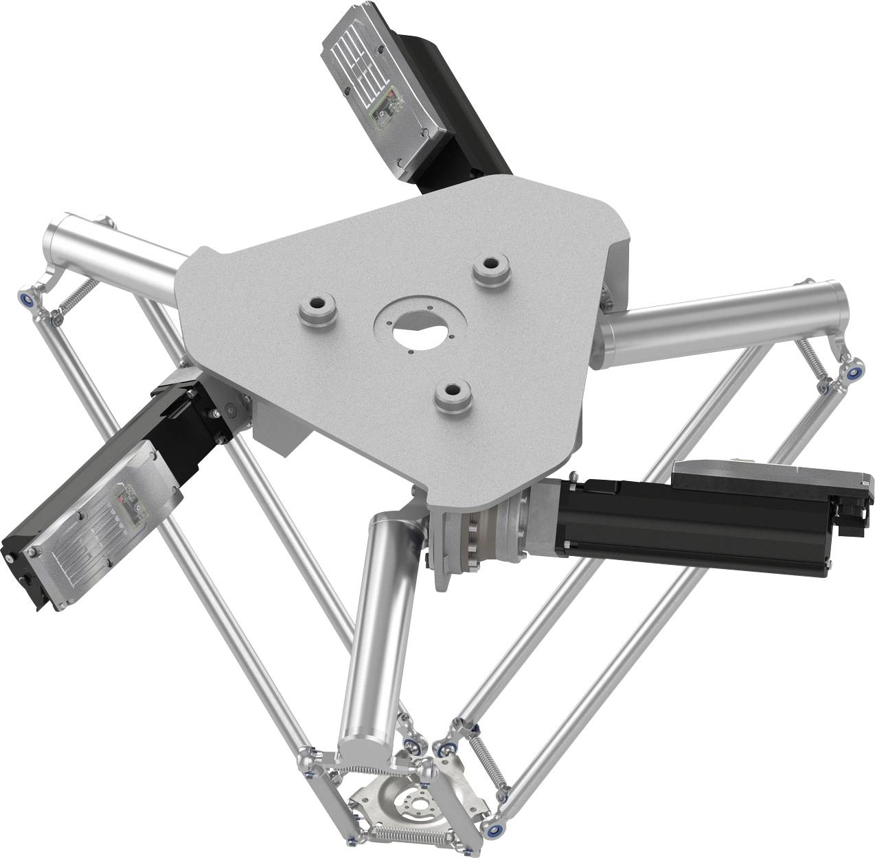 Průmyslový robot delta rameno se třemi lineárními pohony a centrální deskou, zobrazeno izolovaně na bílém pozadí.
