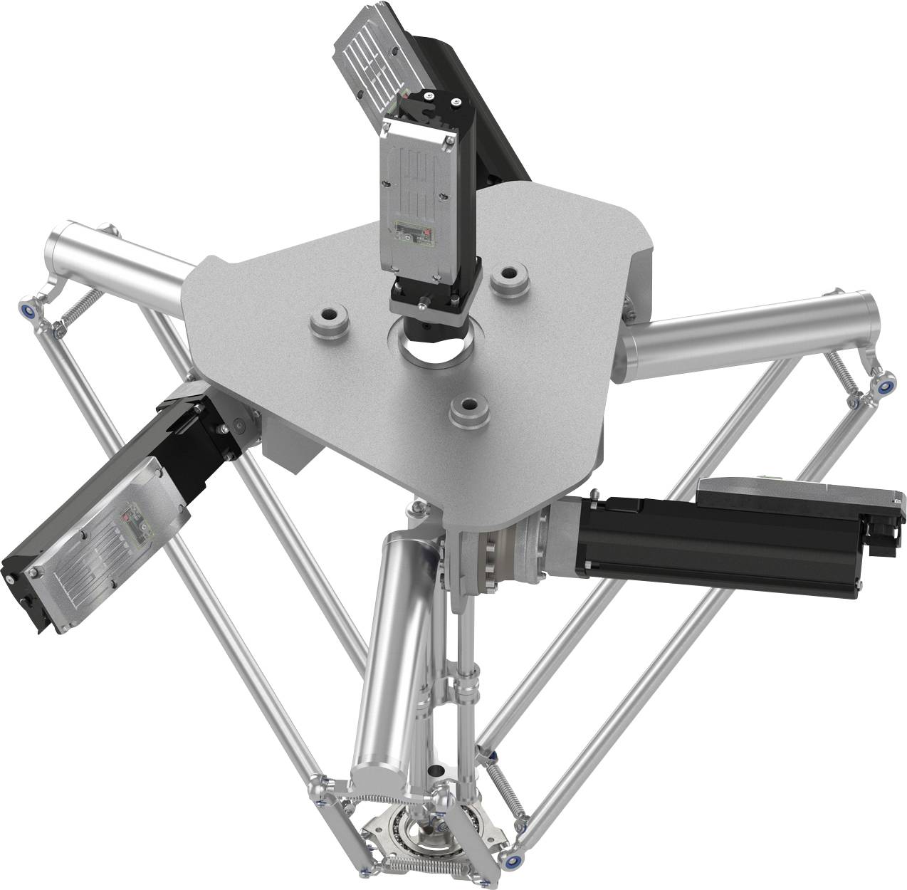 Pohled shora na robotický mechanismus s paralelními rameny se třemi motorizovanými aktuátory a centrální montážní deskou na bílém pozadí.