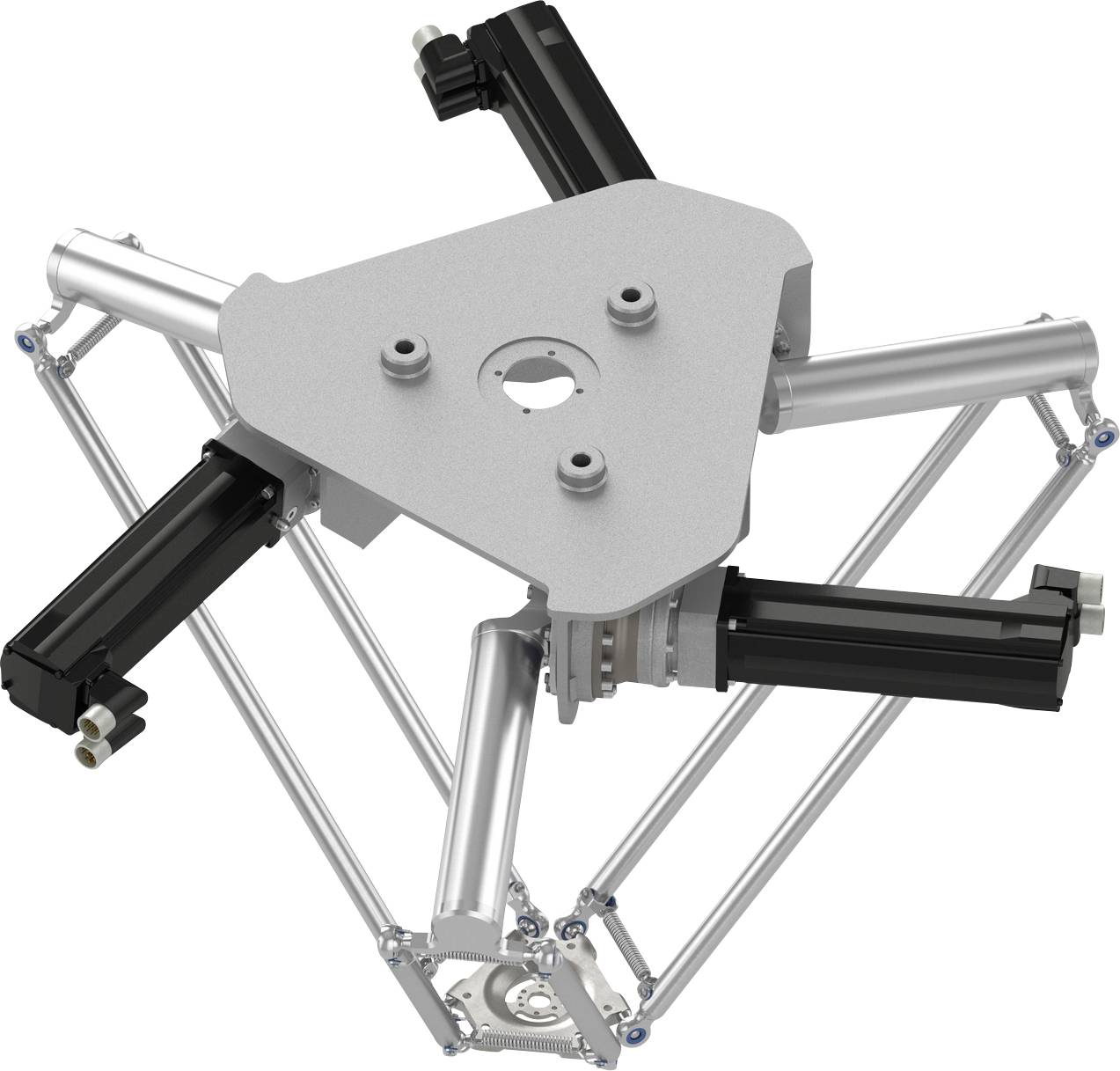 Mechanický deltový robotický rameno se třemi lineárními aktuátory a centrální trojúhelníkovou platformou