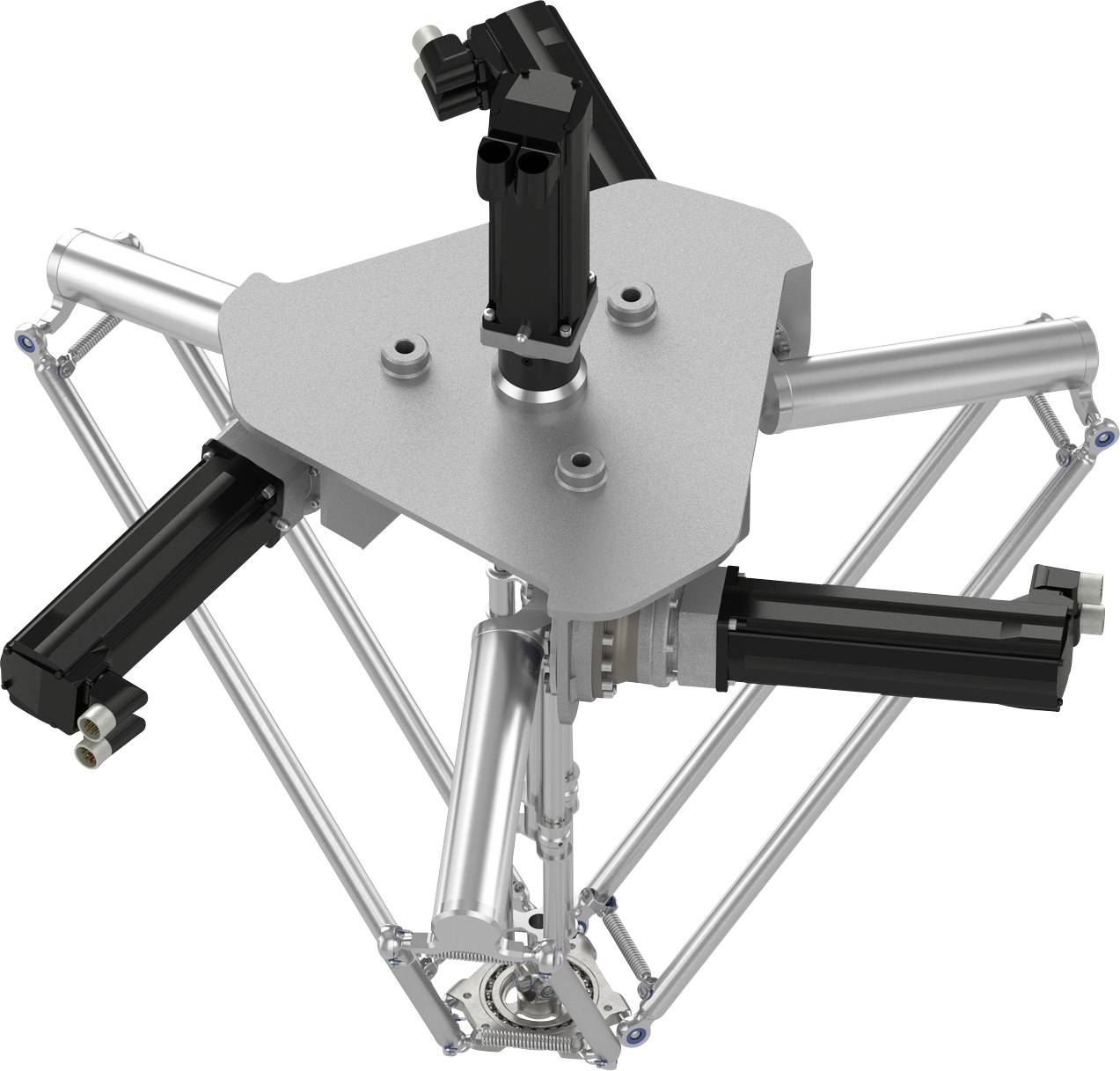 Průmyslový delta robot se třemi kloubenými rameny a trojúhelníkovou horní deskou, pohled shora na bílém pozadí.