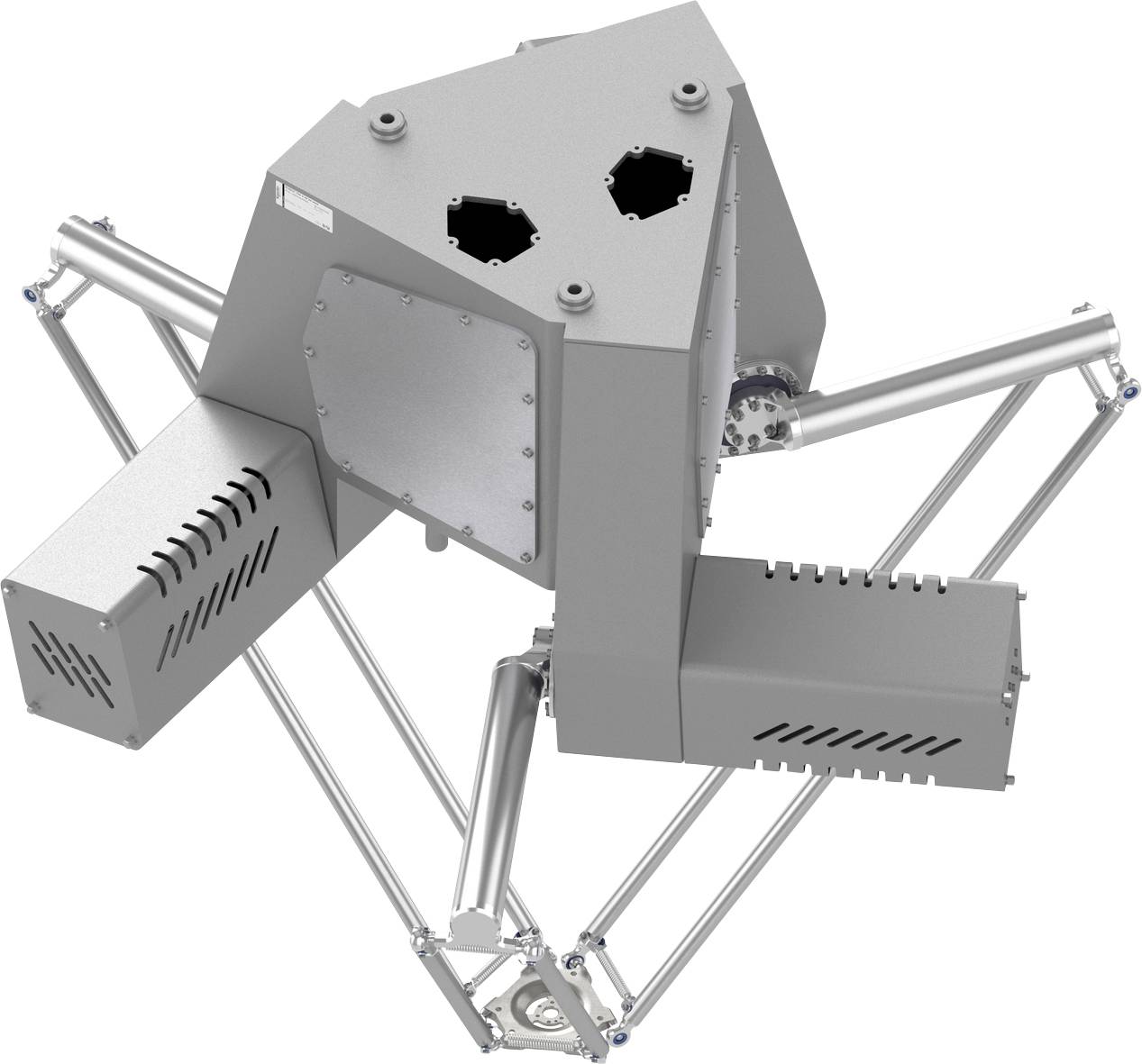 Šedý robotický stroj podobný pavoukovi s více kloubanými kovovými nohami a dvěma hranatými senzorových nebo nástrojových modulů, zobrazený na bílém pozadí.