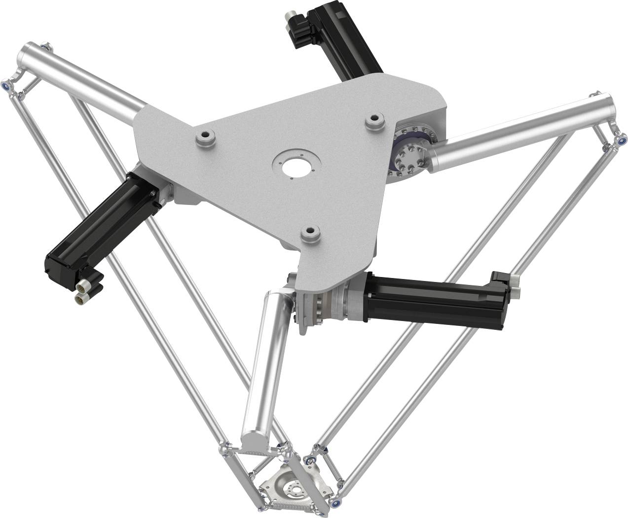 Deltarob mechanismus se třemi kloubovými rameny a trojúhelníkovou horní deskou, zobrazený v technickém produktovém renderu na bílém pozadí.