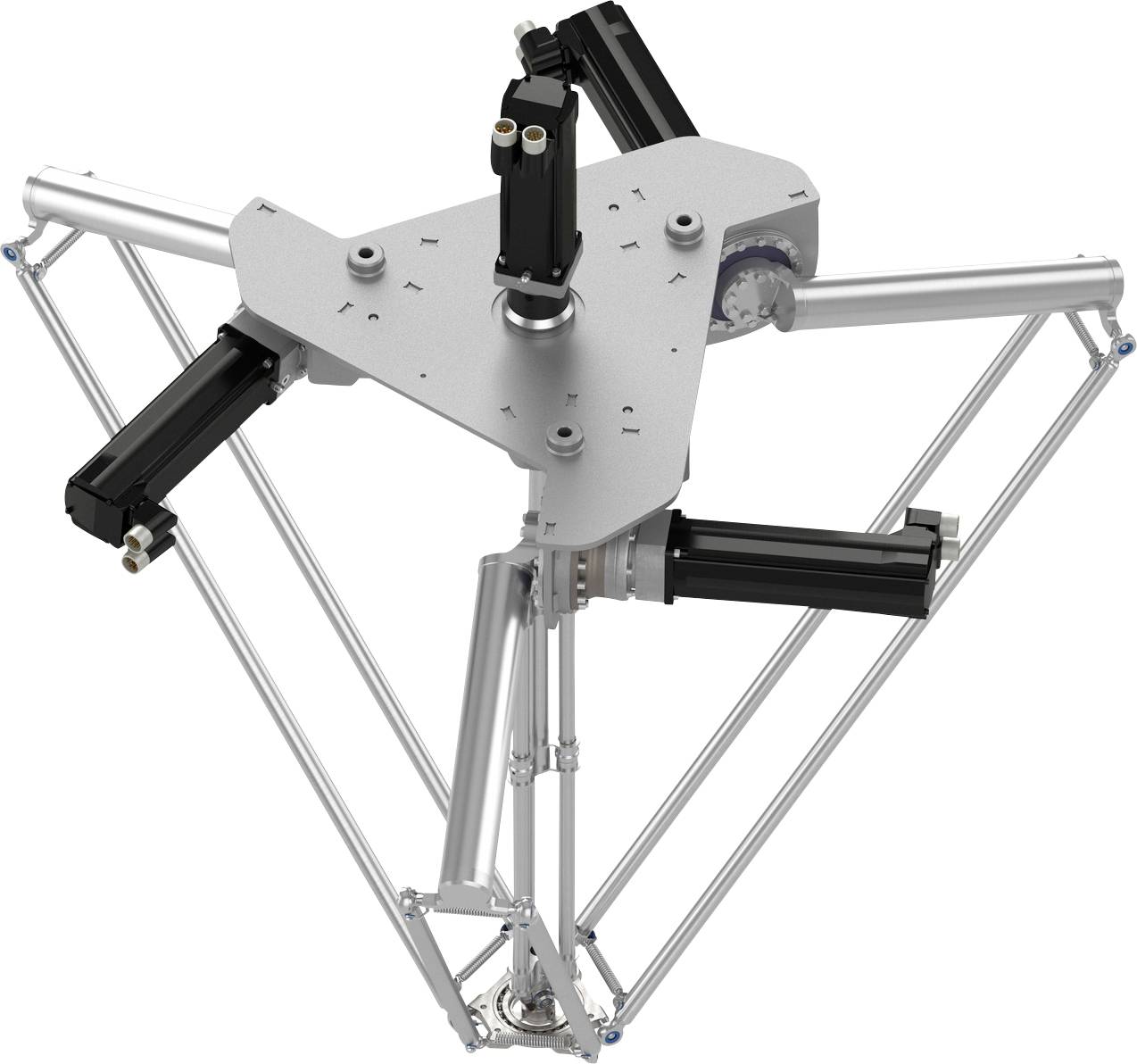 Průmyslový delta robot se třemi motorizovanými rameny připevněnými na centrální trojúhelníkové horní desce a vertikálním rámem.