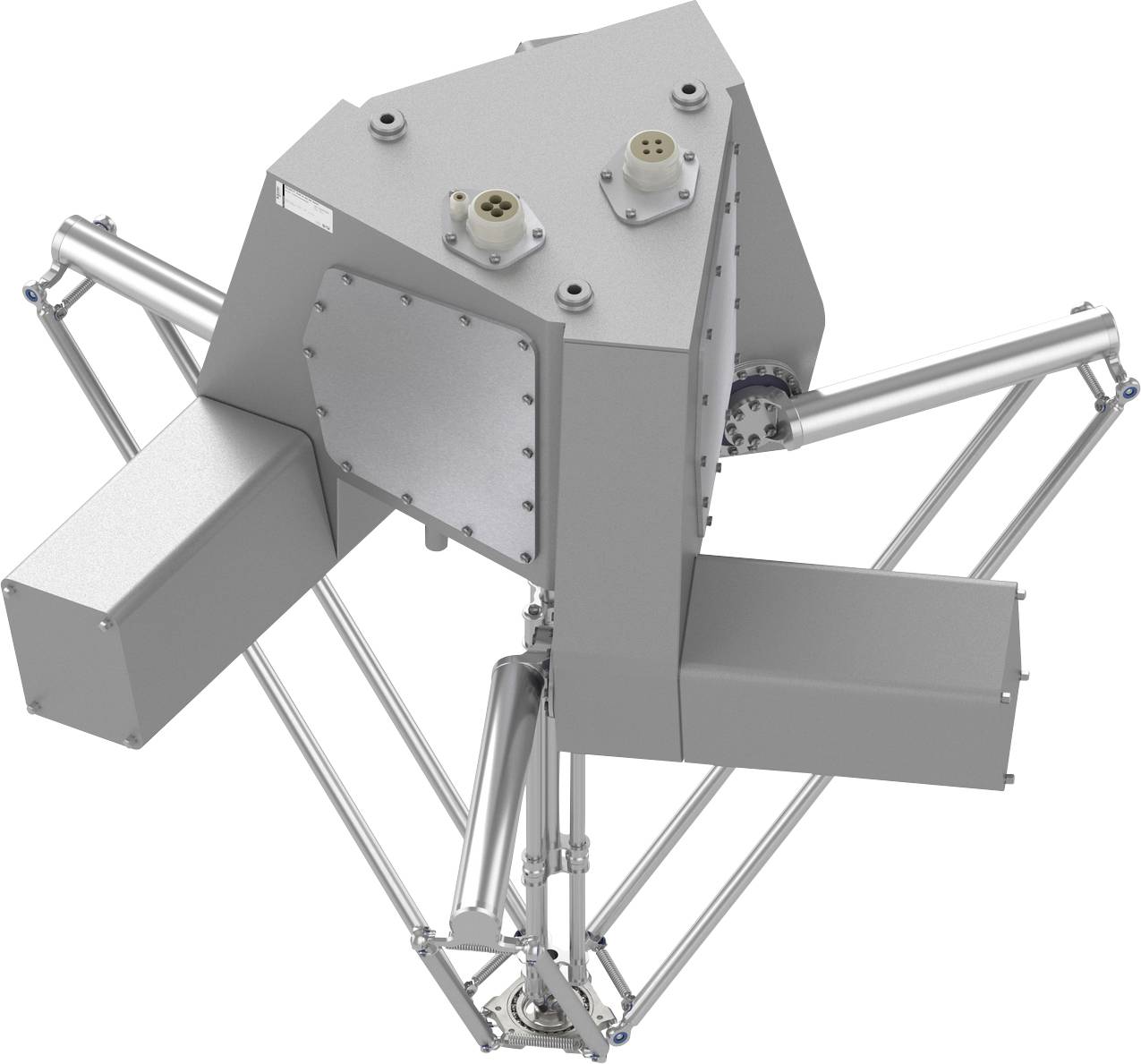 Třípažová robotická průmyslová stroj se středovou krabicovitou tělesem a prodlužujícími se kovovými rameny na bílém pozadí.