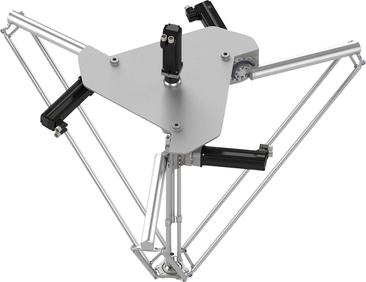 Kovový deltový robot se třemi artikulovanými rameny a trojúhelníkovou horní deskou, zobrazený izolovaně na bílém pozadí.
