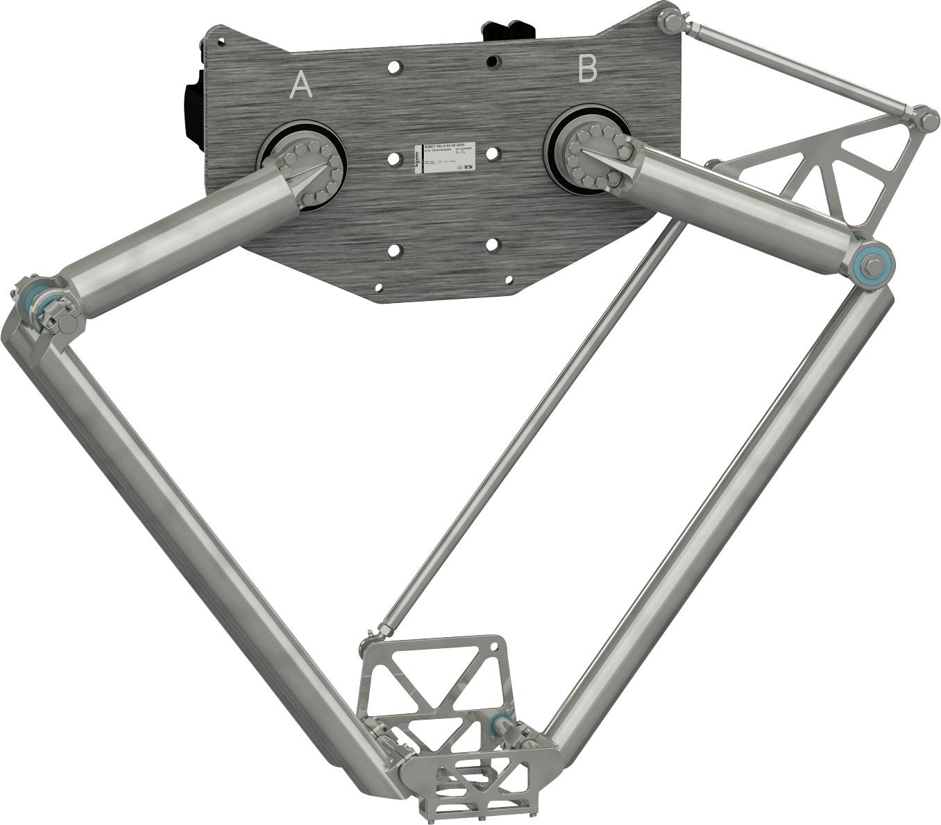Mechanické převodní zařízení se dvěma označenými body otáčení, A a B, ukazující připojené kovové ramena a tyče tvořící trojúhelníkový mechanismus pohybu.