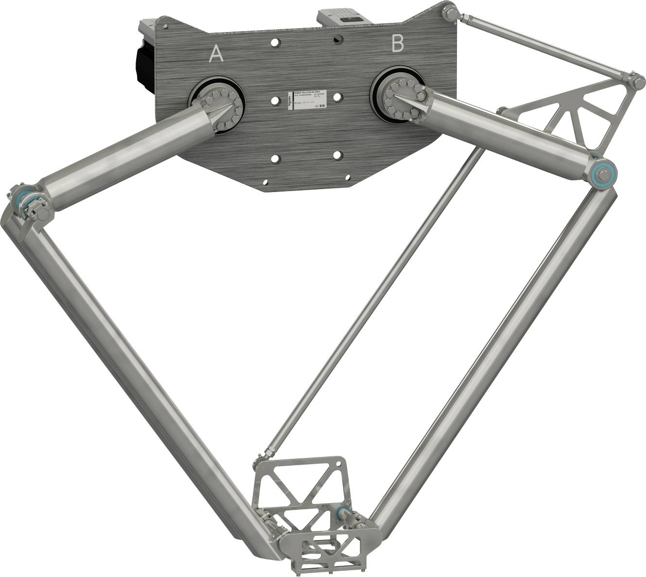 Prototyp mechanického propojení se dvěma horními otočnými body označenými A a B, propojeny trojúhelníkovými rameny k dolnímu kloubu, zobrazující kinematický mechanismus ramene.