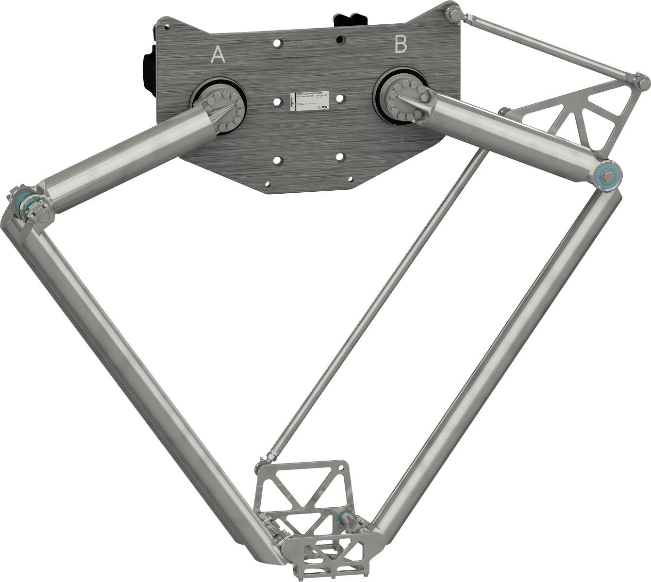 Mechanické spojení se dvěma horními otočnými body označenými A a B, spojenými sklopenými rameny tvořícími trojúhelníkový rám.