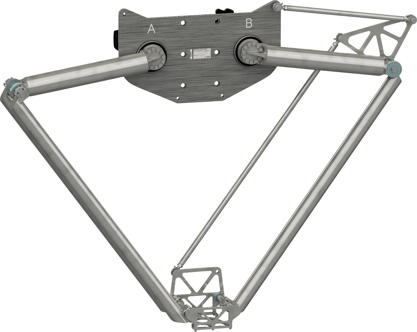 Mechanická vazba se dvěma označenými horními otočnými body A a B, připojenými trojúhelníkovitými kovovými rameny k dolnímu středovému kloubu.