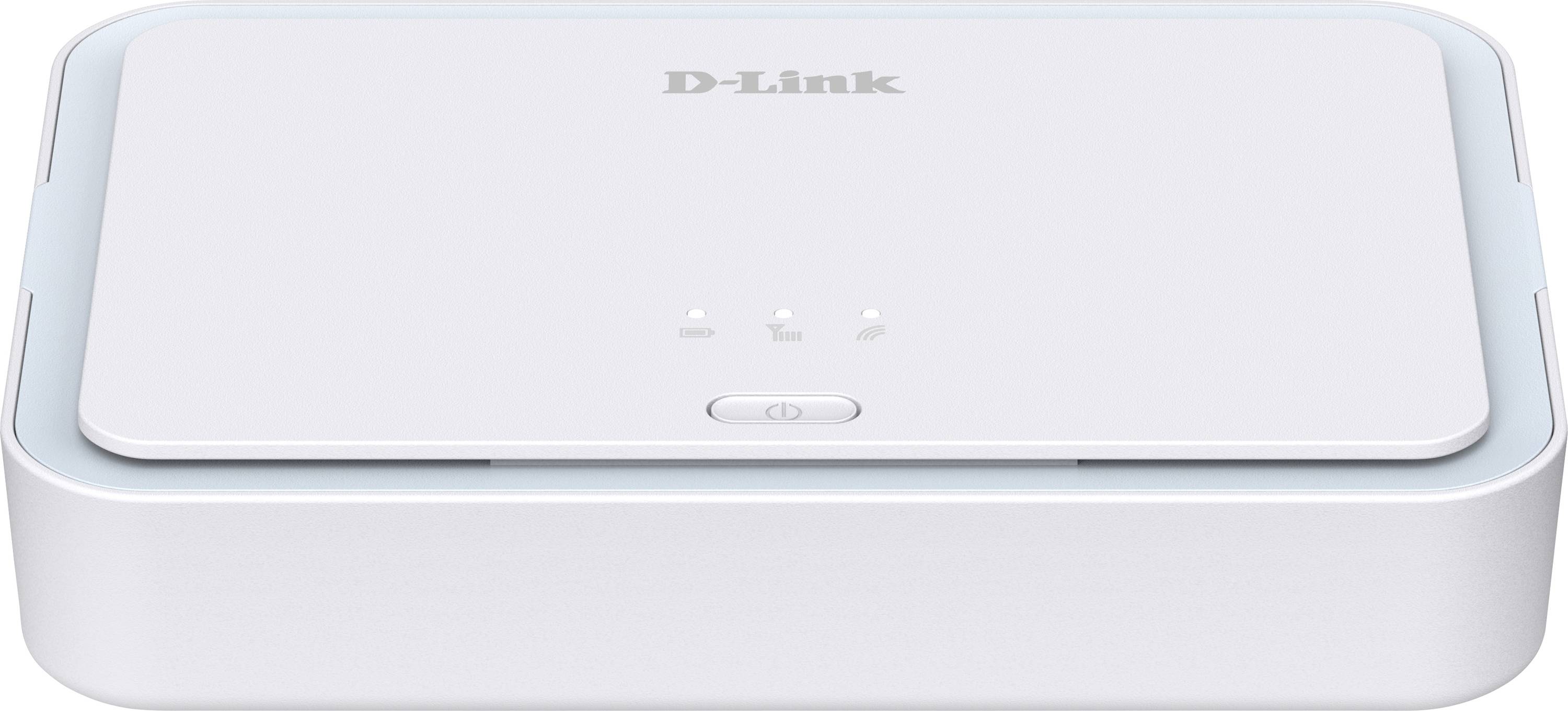 Bílé síťové zařízení D-Link se zaoblenými obdélníkovými tvary, LED diodami na vrcholu a předním tlačítkem napájení na jednoduchém bílém pozadí.