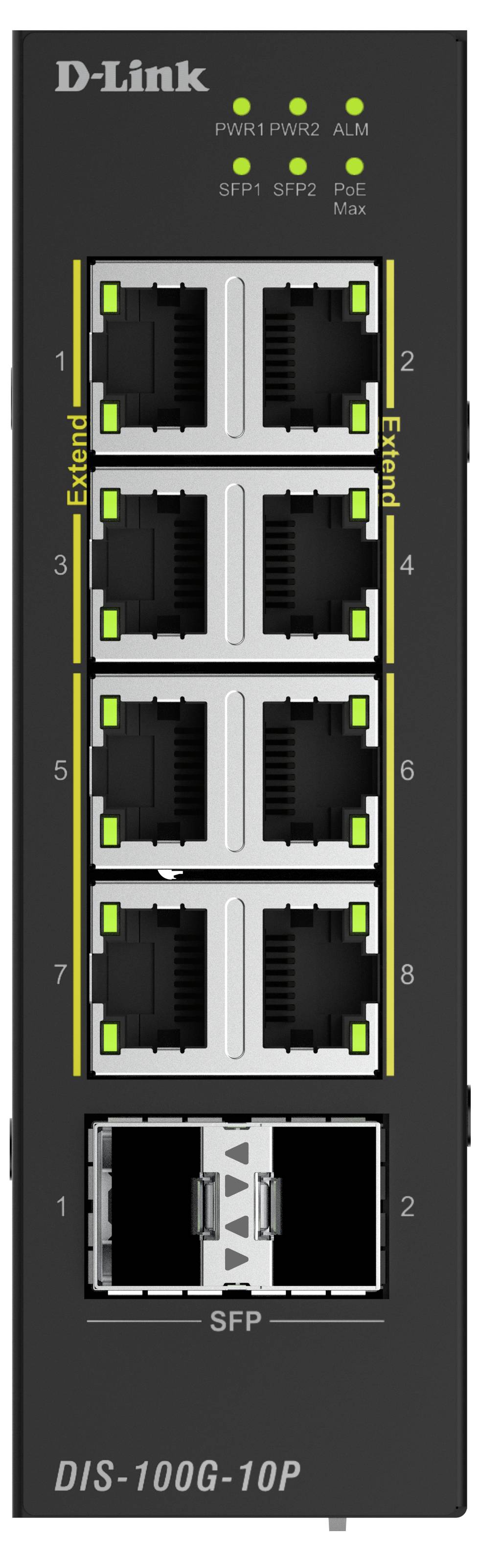 Přední pohled přepínače D-Link DIS-100G-10P ukazující 8 označených měděných portů ve čtyřech stackovaných párech a 2 SFP porty dole, se stavovými LED diodami nahoře.