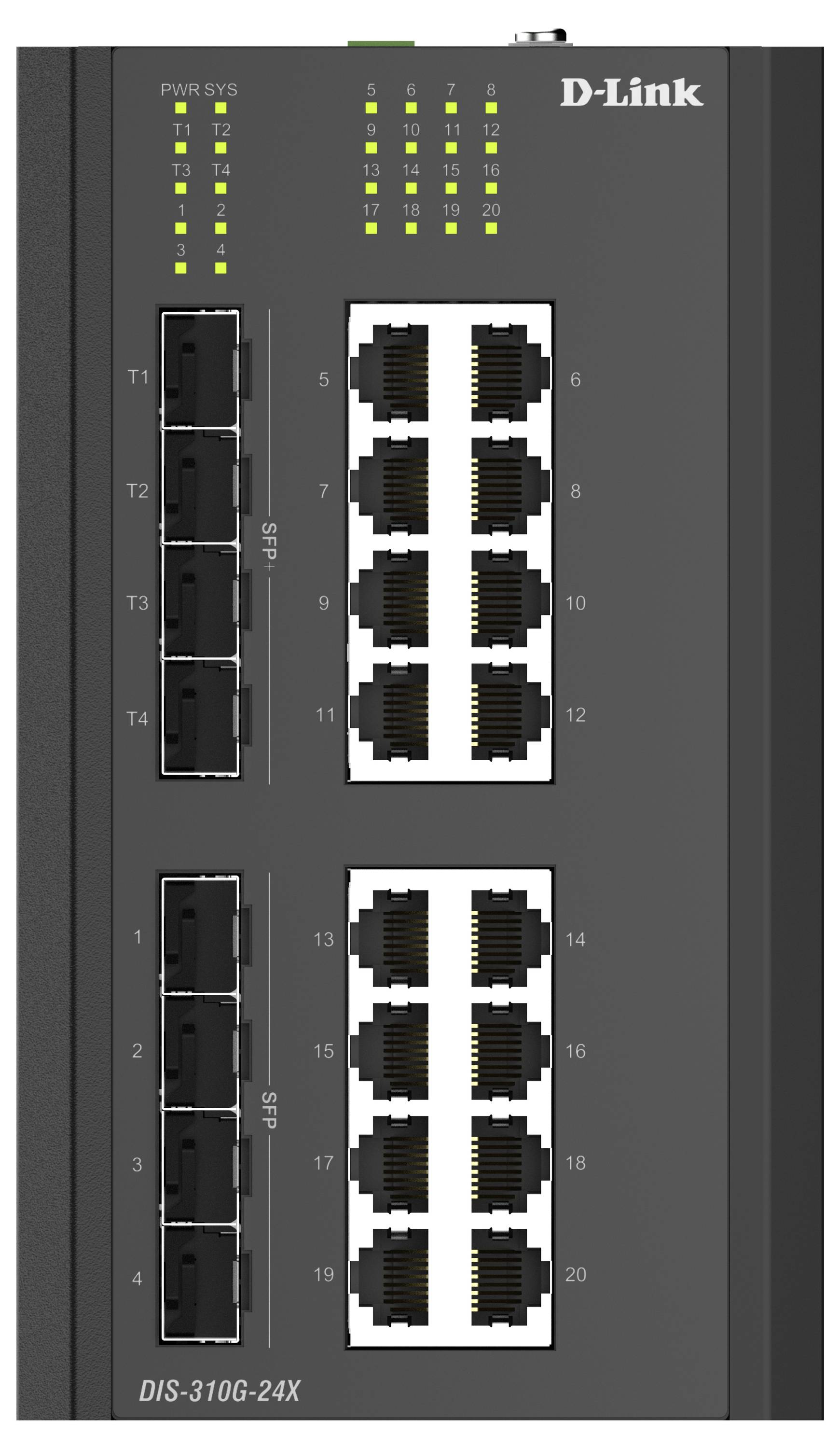 Přední panel síťového přepínače D-Link DGS-310G-24X s 24 porty Ethernet a stavovými LED diodami