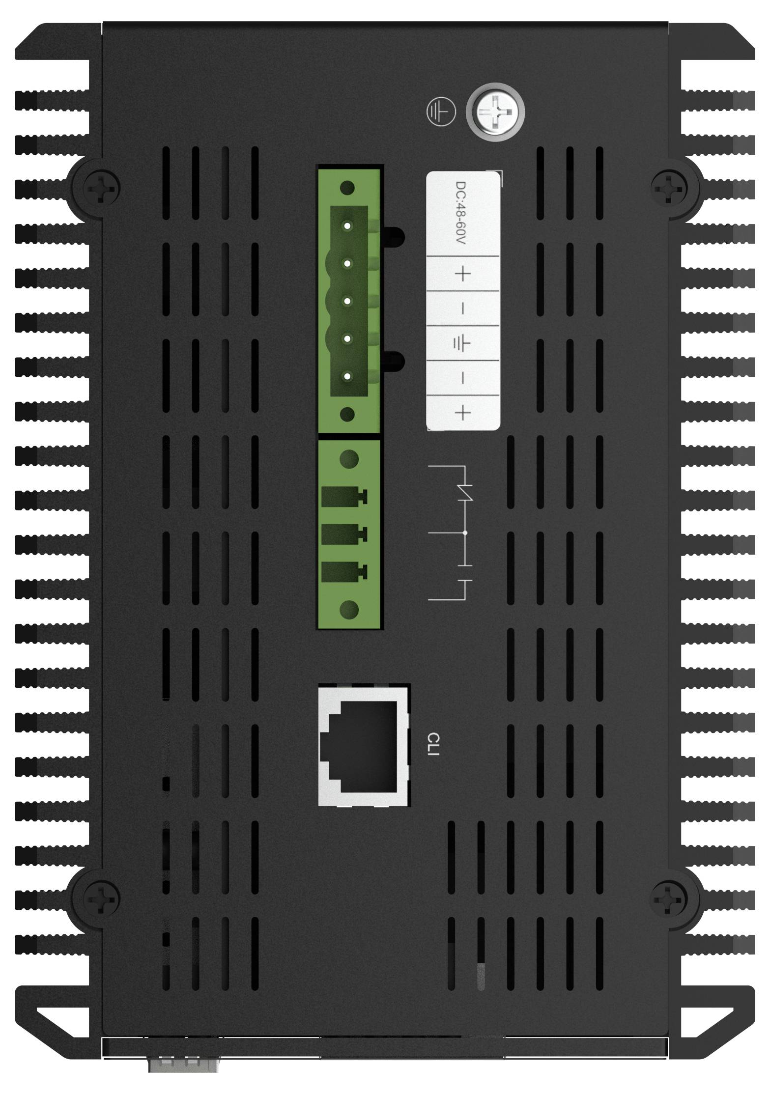 Černý obdélníkový průmyslový regulátor s chladícími žebry, zelenými svorkovnicemi, malým displejem na přední straně a portem Ethernet.