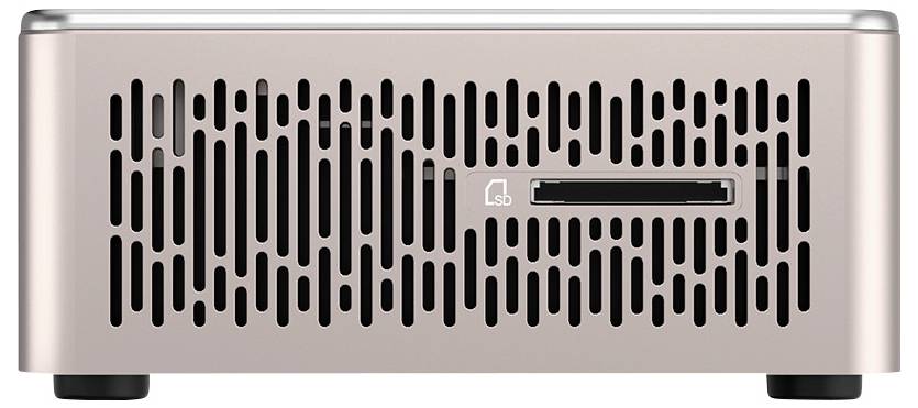 Přední pohled na mini věž počítače v rose-gold barvě s černou ventilační mřížkou a úzkým otvorem na předním panelu.