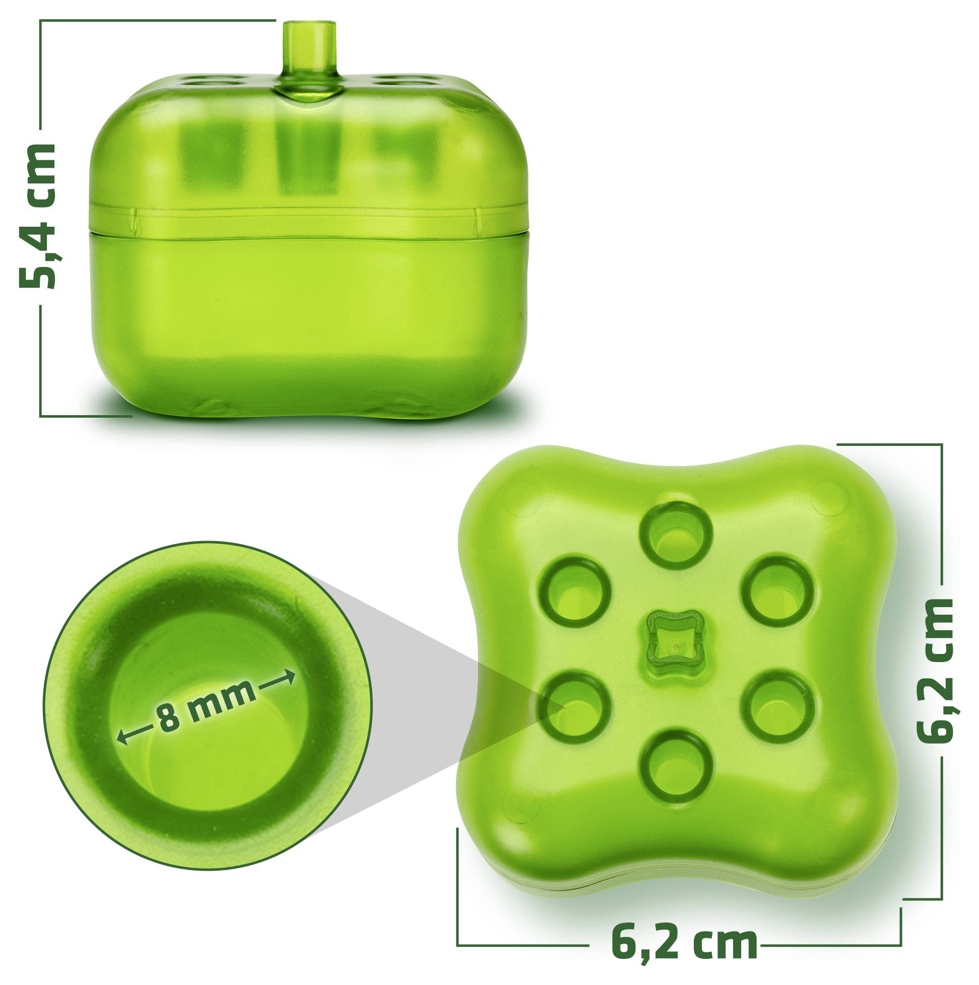 Zelený plastový kontejner zobrazený z boku, zvrchu a zespodu s rozměry: výška 5,4 cm a šířka 6,2 cm; průměr otvor 8 mm.