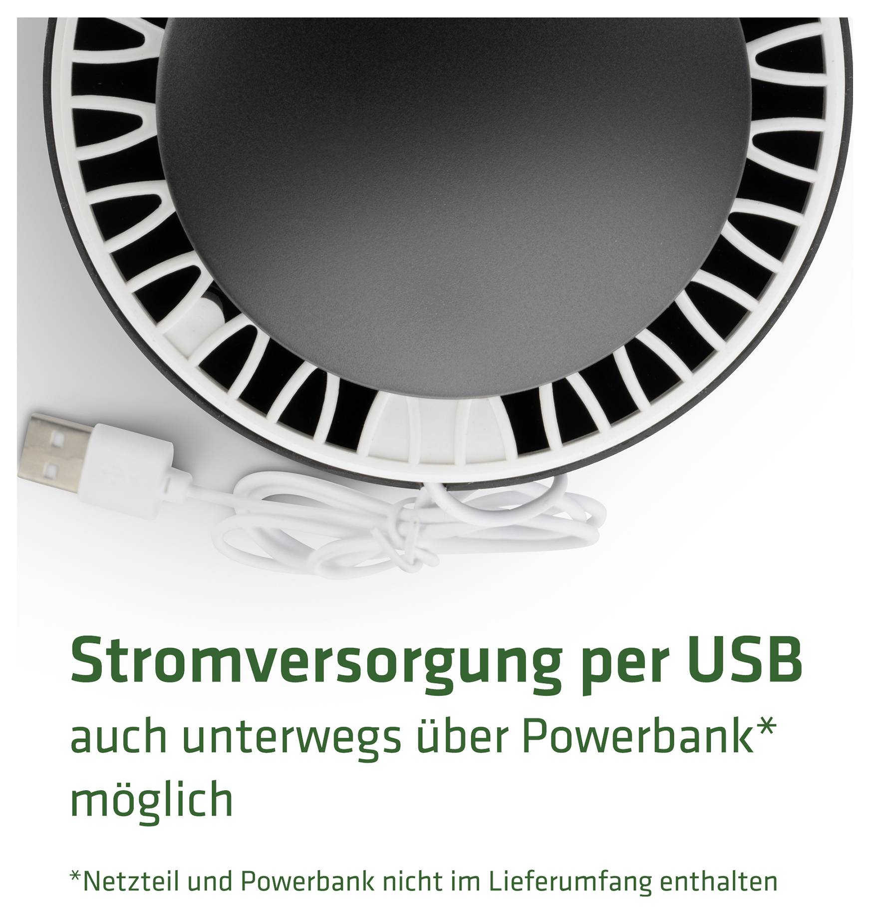 USB napájecí kruhové světlo; Text: „Napájení přes USB", „možné také na cestách přes powerbanka"; Poznámka: Síťový adaptér a powerbank nejsou součástí balení.