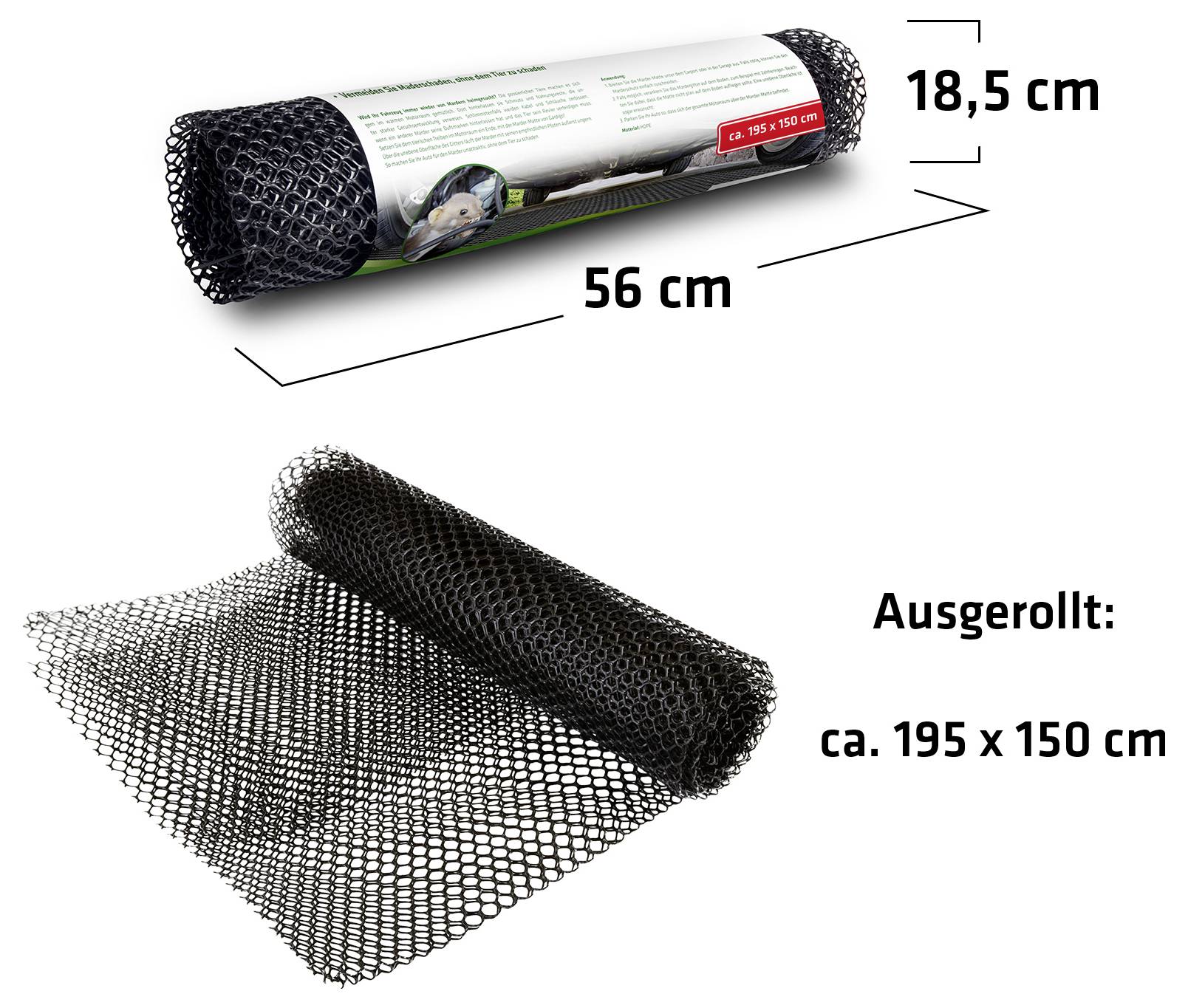 Obrázek produktu zobrazující svinutou černou síťovanou rohož, dlouhou 56 cm a s průměrem 18,5 cm; rozvinutá velikost přibližně 195 x 150 cm.