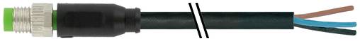 Řez černého izolovaného kabelu zobrazující exponované vnitřní vodiče: hnědý, modrý a zeleno-žlutý vodič.
