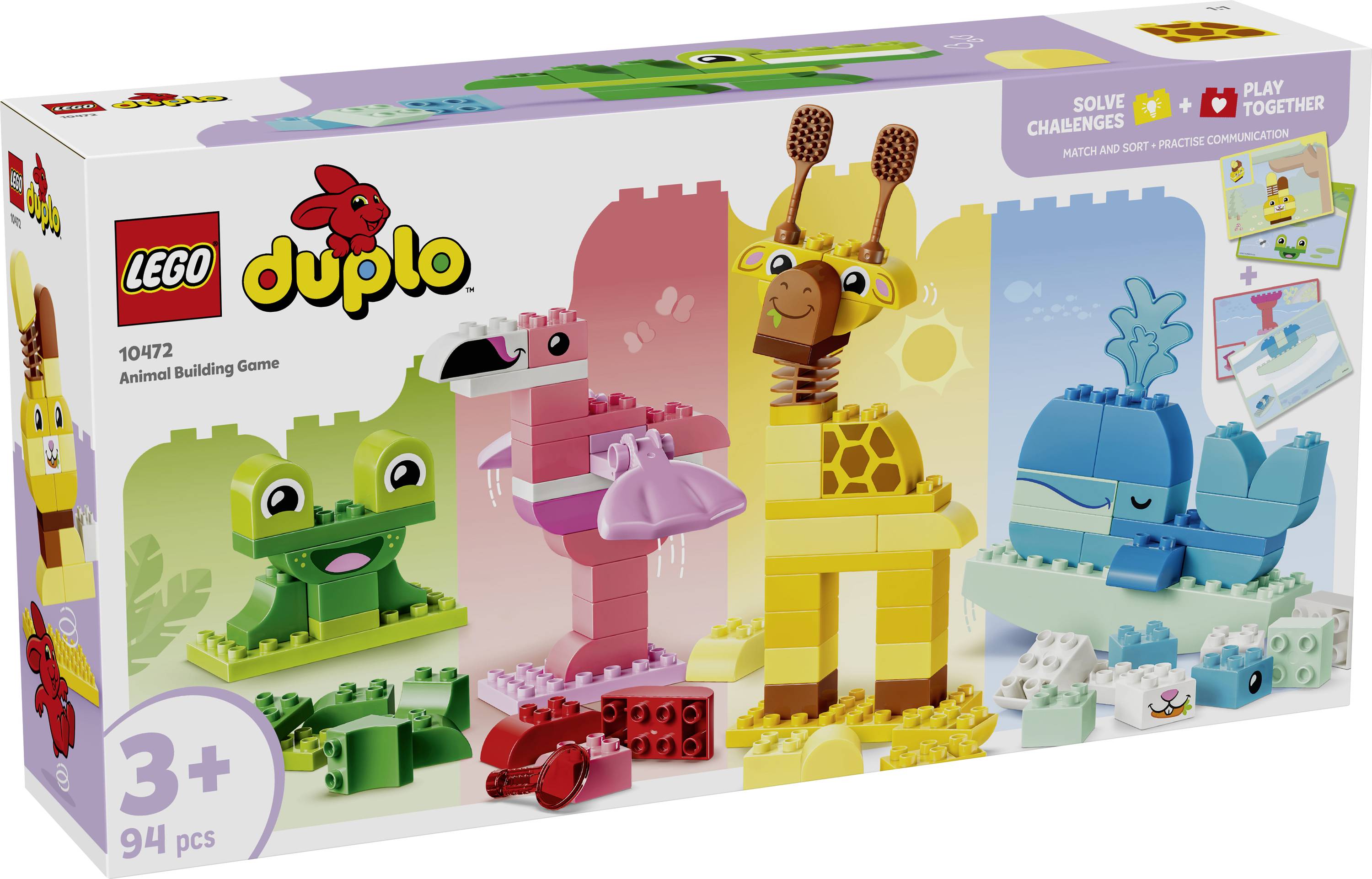 LEGO Duplo 'Hra se stavěním zvířat' krabice zobrazující barevná stavitelná zvířata: žábu, flamingy, žirafu a velrybu, určena pro věk 3+ s 94 díly.