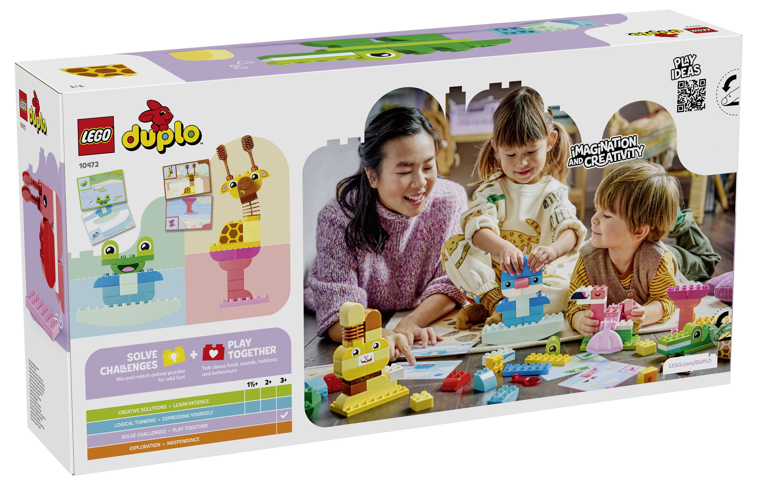 Krabice stavebnice LEGO Duplo zobrazující tři děti a dospělého si hrající s barevnými kostkami, s příklady staveb a informacemi o věkovém rozmezí na obalu.