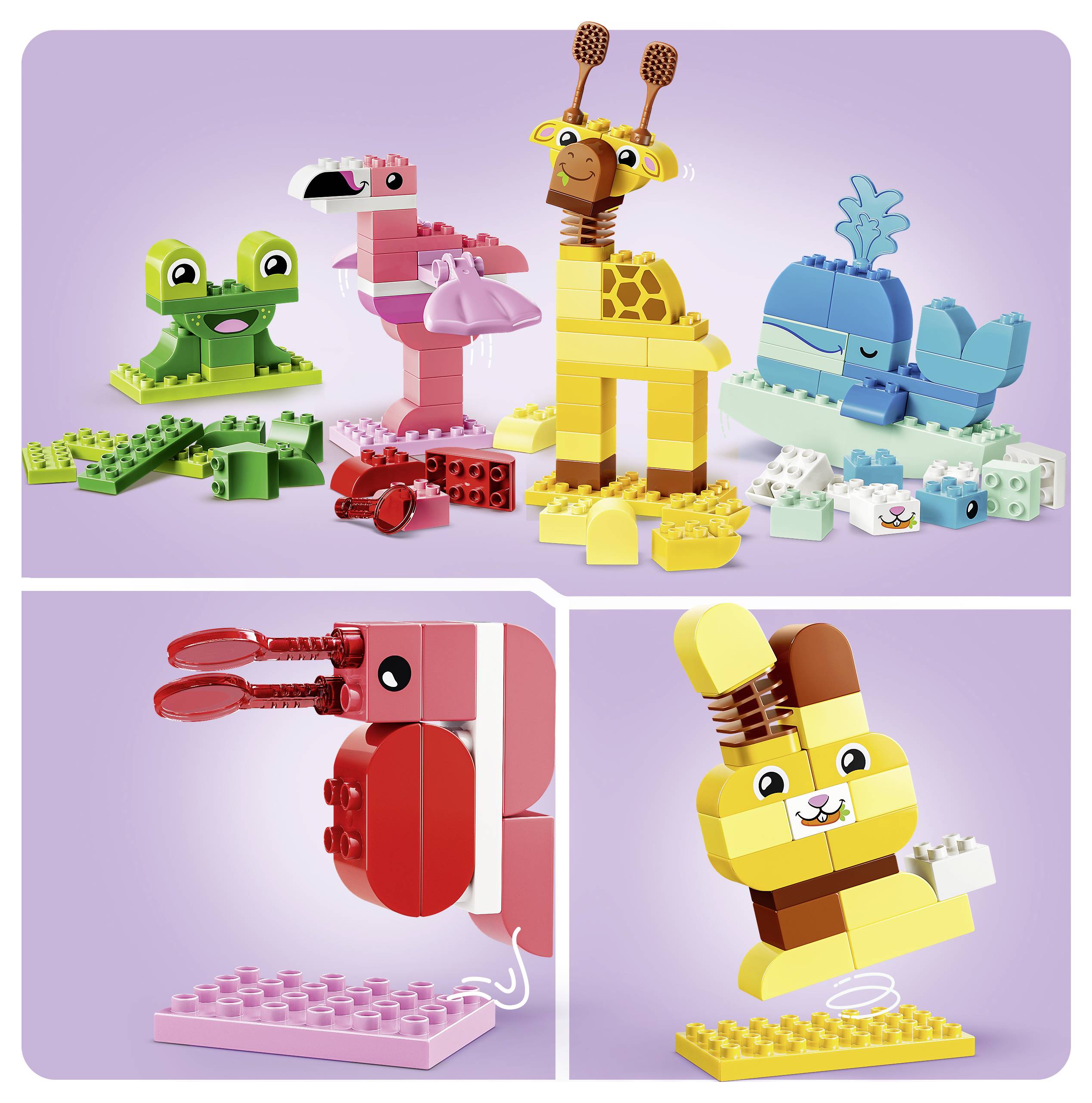 Obrázek ve stylu LEGO znázorňující čtyři stavitelná zvířata: zeleného žábu, růžového plameňáka, žlutou žirafu a modrého velrybu, s detailními záběry na červeného kraba a žlutého králíka na výstavních podstavcích.