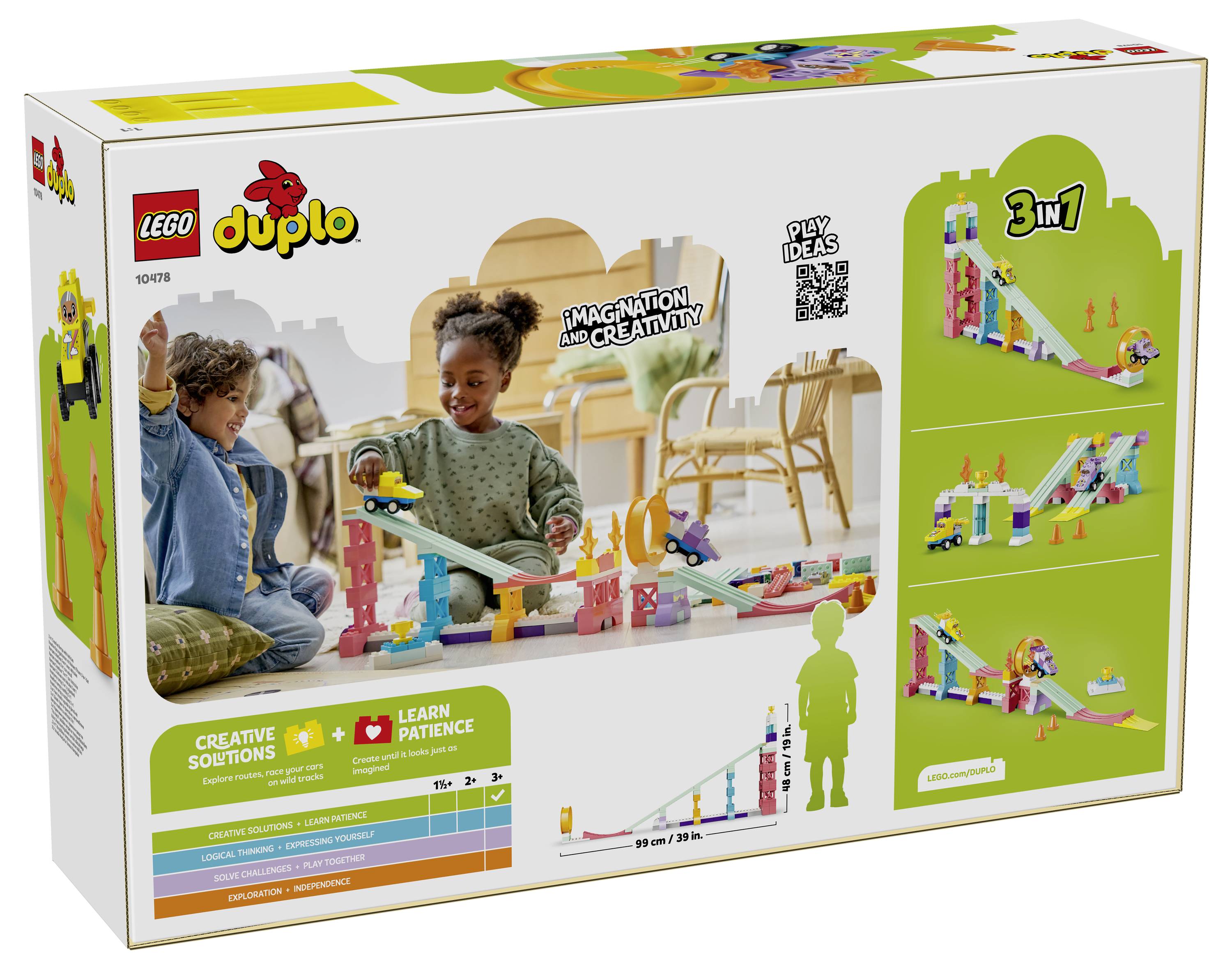 LEGO Duplo 3v1 stavební sada v krabici zobrazující děti hrající si s barevnou dráhou se závojem a kuličkami, se třemi alternativními příklady staveb na pravé straně.