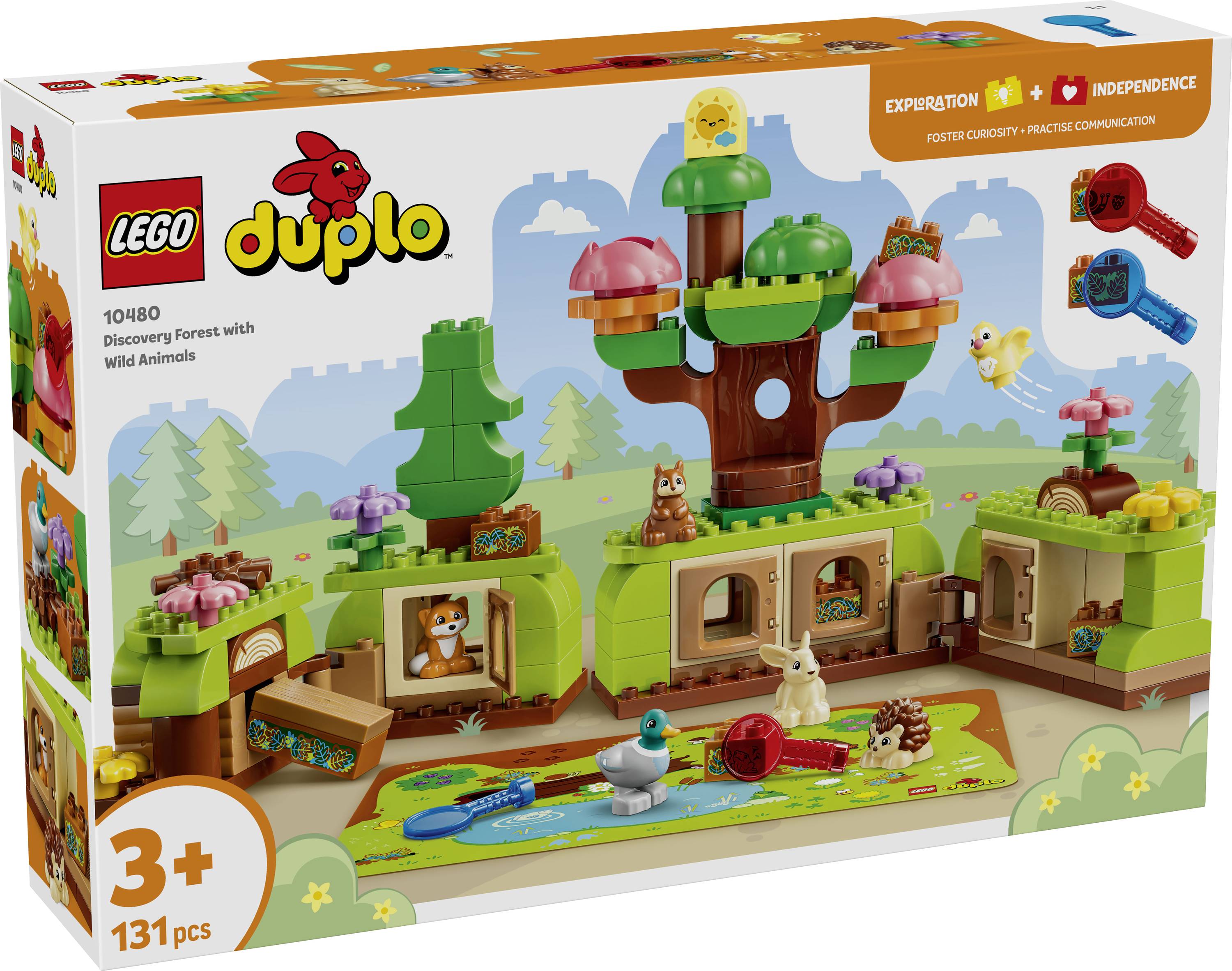 LEGO DUPLO 'Průzkumný les se zvířaty' sada v krabici zobrazující lesní domek na stromě s herní scénou, pro věk 3+, 131 dílků.