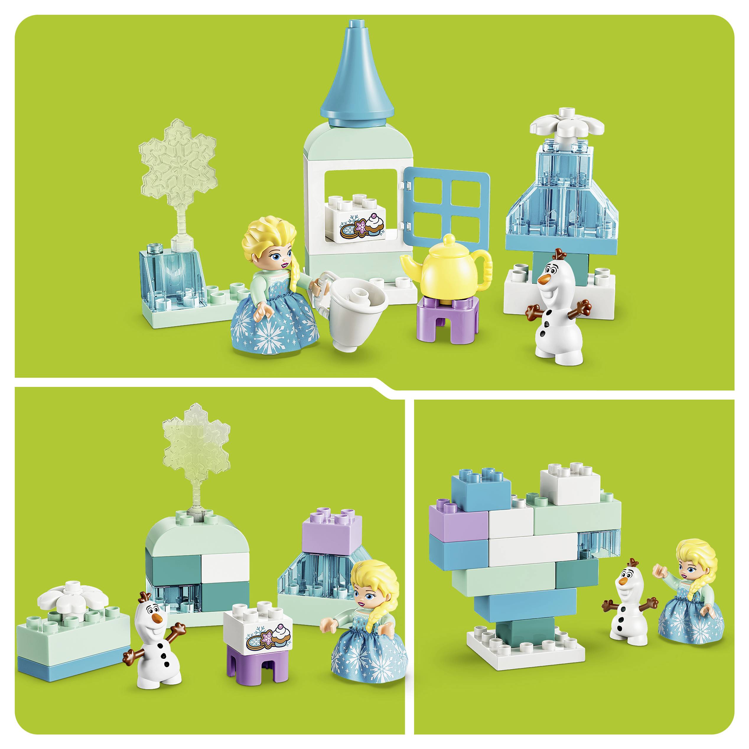 LEGO souprava Frozen s Elsou a Olafem, obsahující ledový hrad, strom, čajovou sadu a velkou stavbu ve tvaru srdce zobrazené z více úhlů.